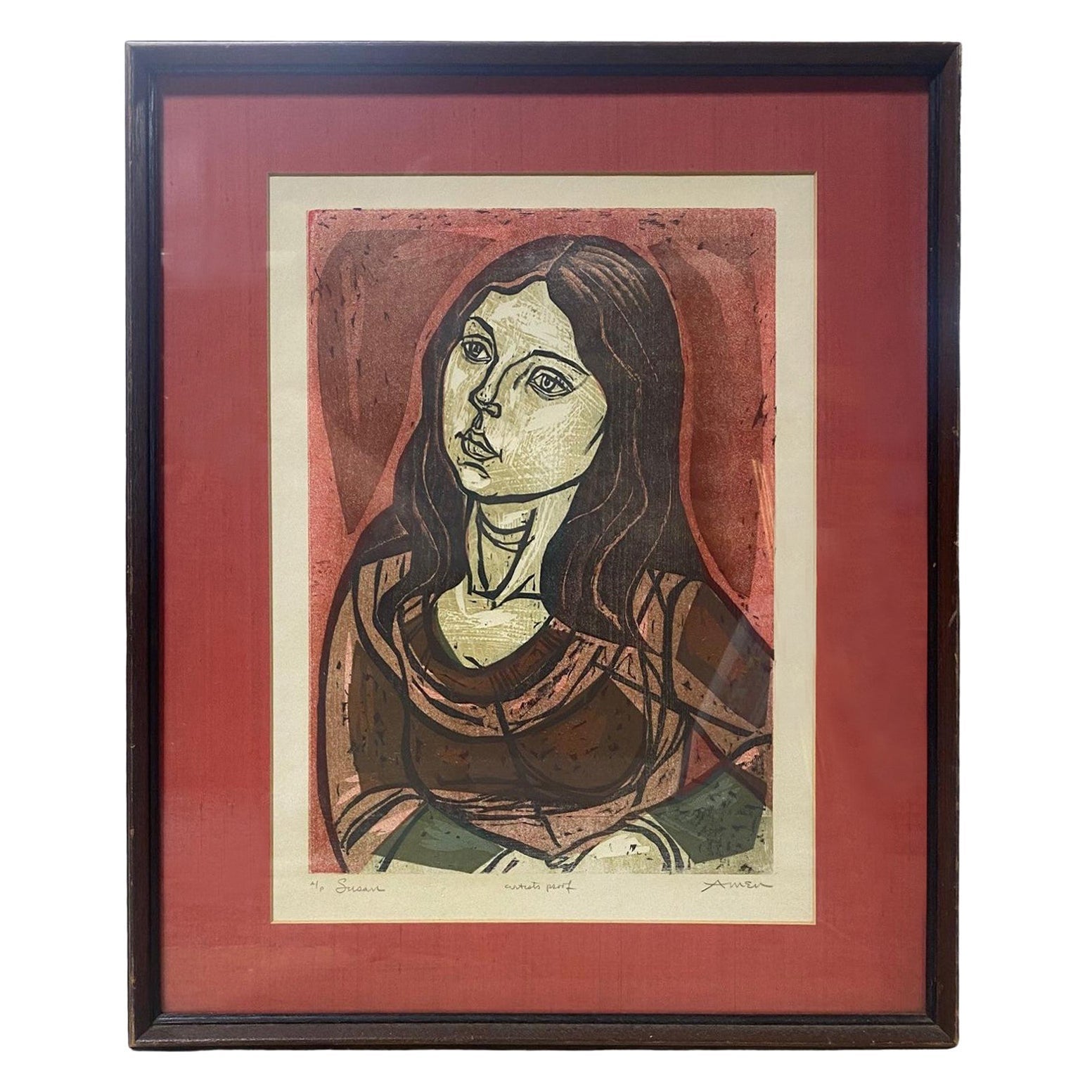 Irving Amen Signed Mid-Century Modern Framed Color Woodcut Print Susan For Sale