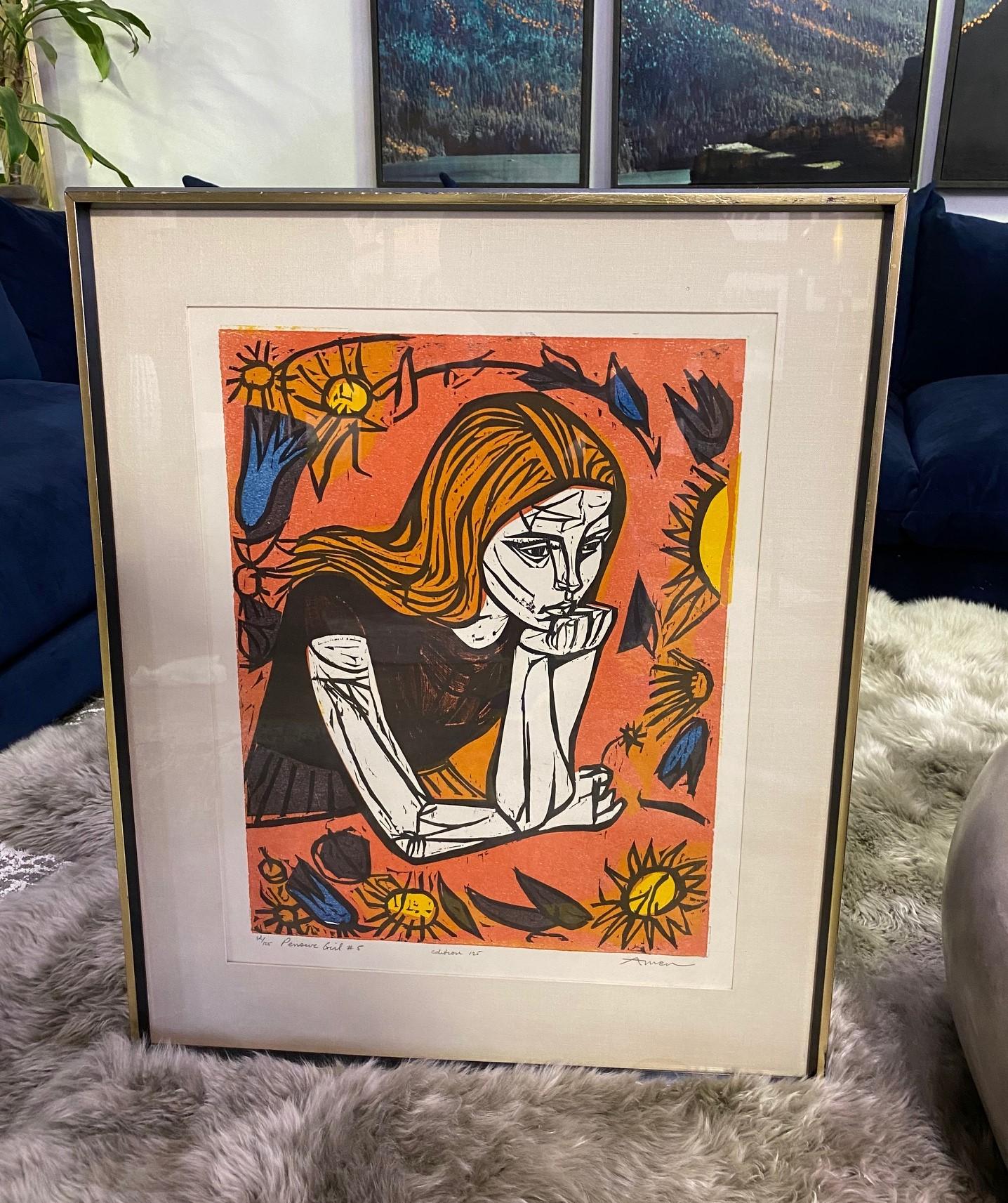 A wonderfully designed and richly colored woodcut image by New York City/ American born Jewish artist Irving Amen.

Pencil signed, titled (Pensive Girl #5), and numbered (from an edition of 125) by the artist.

Would be a great eye-catching work