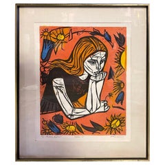 Irving Amen Signed Mid-Century Modern Limited Edition Woodcut Print Pensive Girl