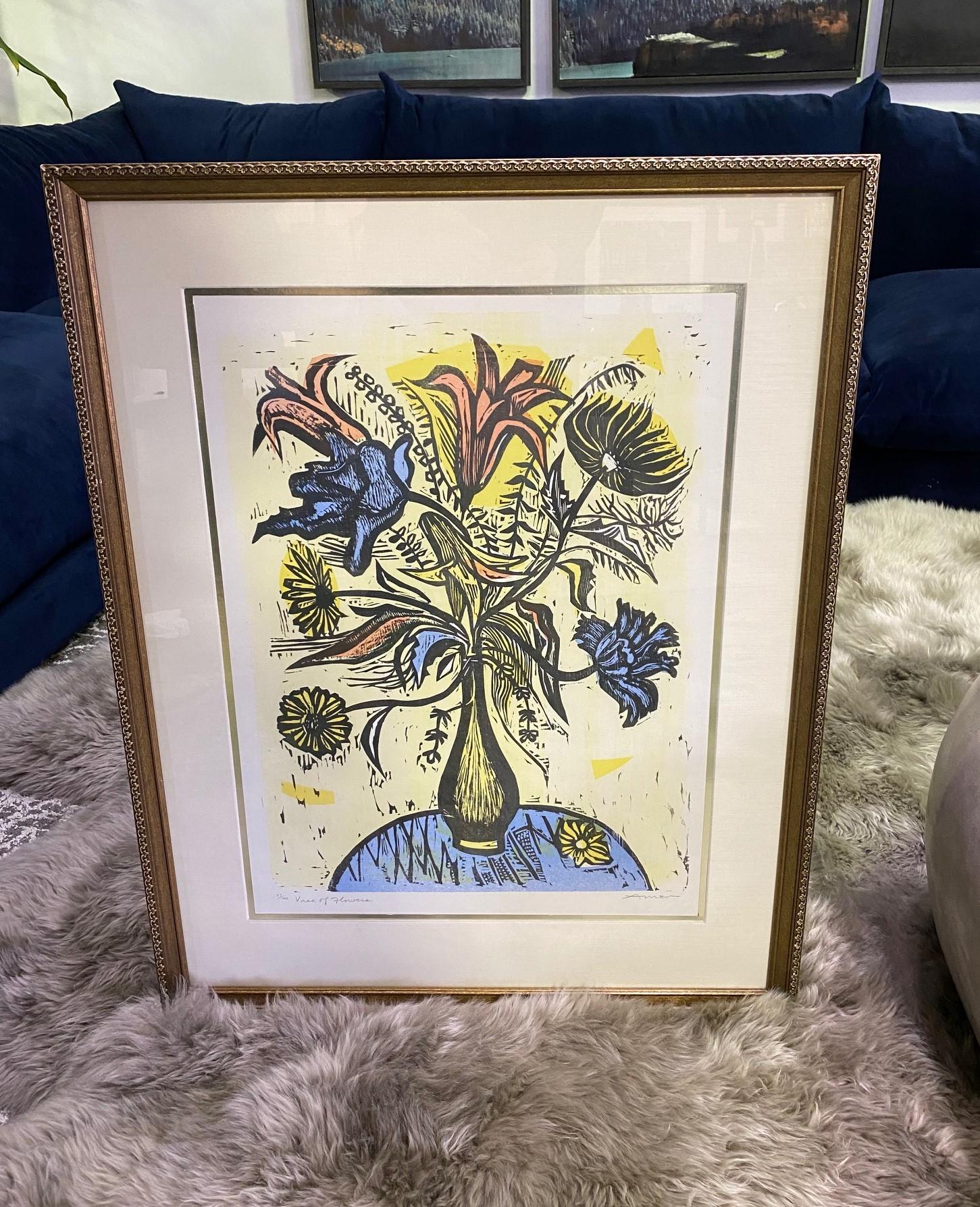 A wonderfully designed and richly colored woodcut image by New York City/ American born Jewish artist Irving Amen. This image appears to be an homage to the work of French artist Bernard Buffett. 

Pencil signed, titled (Vase of Flowers), and