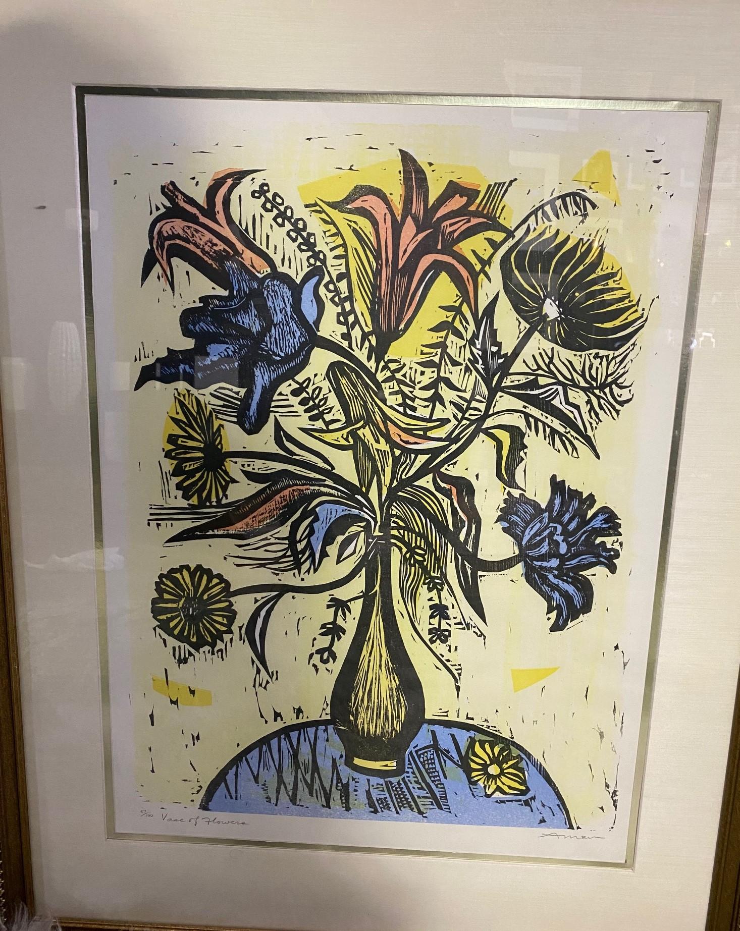 American Irving Amen Signed Mid-Century Modern Limited Edition Woodcut Print Vase Flowers