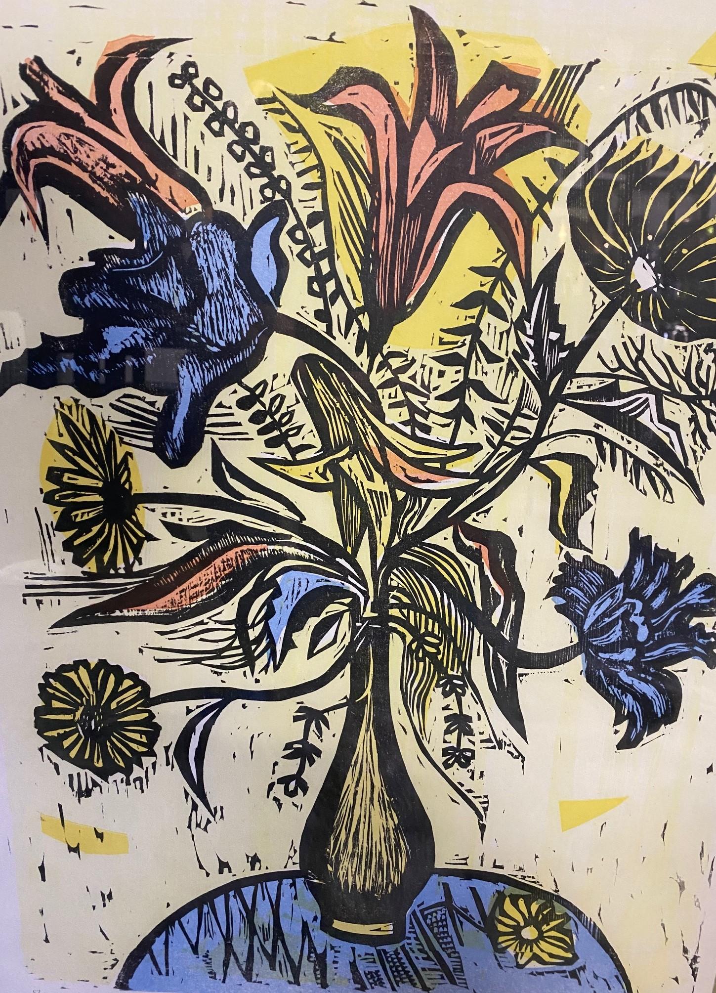 Irving Amen Signed Mid-Century Modern Limited Edition Woodcut Print Vase Flowers In Good Condition In Studio City, CA