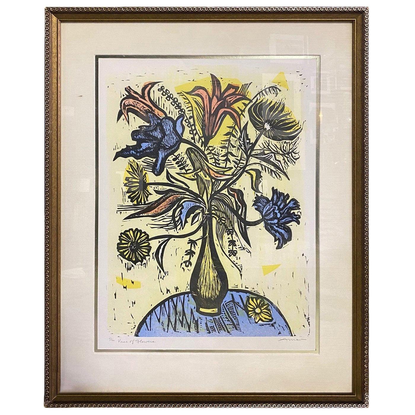 Irving Amen Signed Mid-Century Modern Limited Edition Woodcut Print Vase Flowers