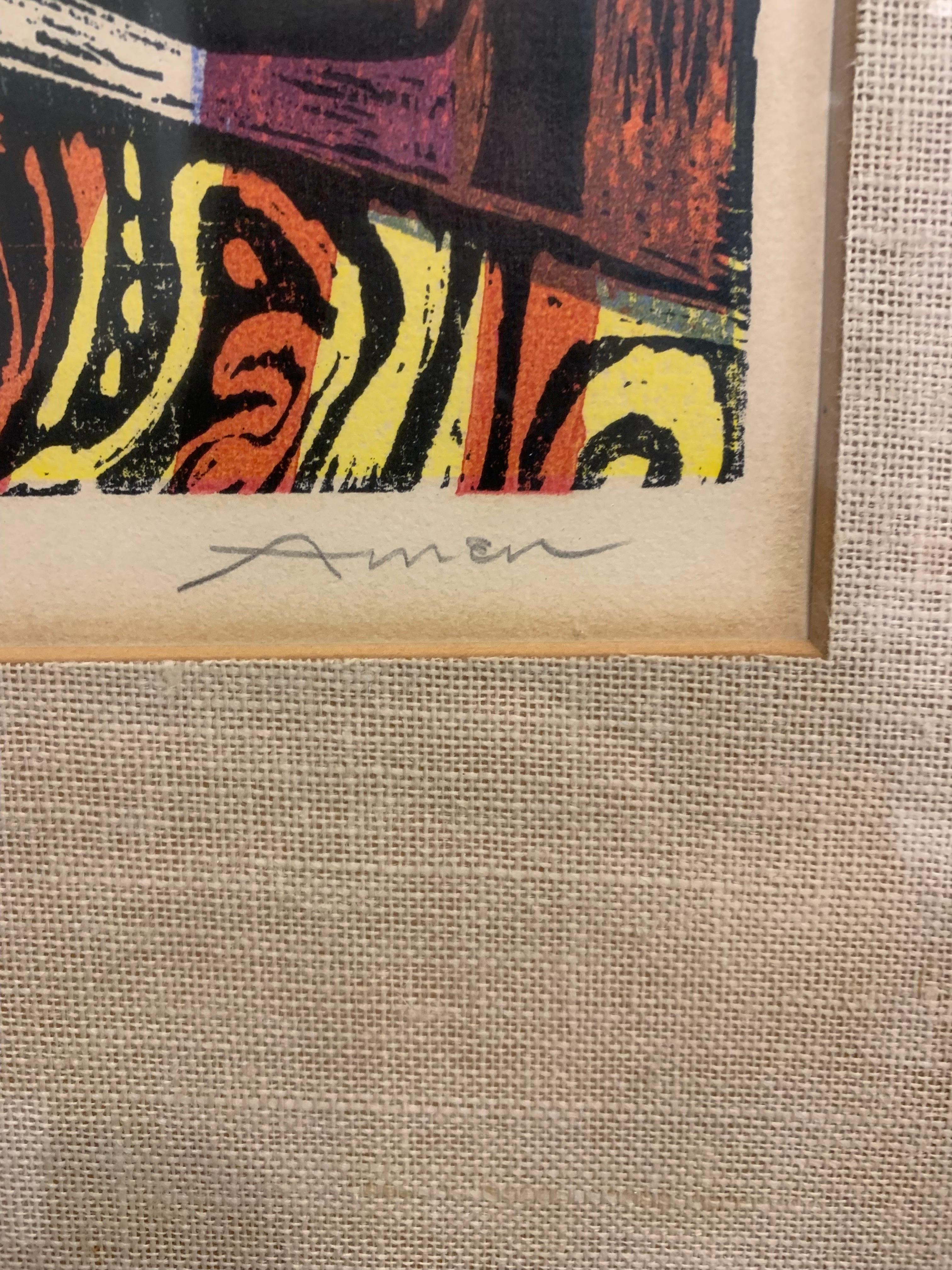 Irving Amen, estampe en bois coupée intitulée Oiseau bleu n° 68/200, signée en vente 3
