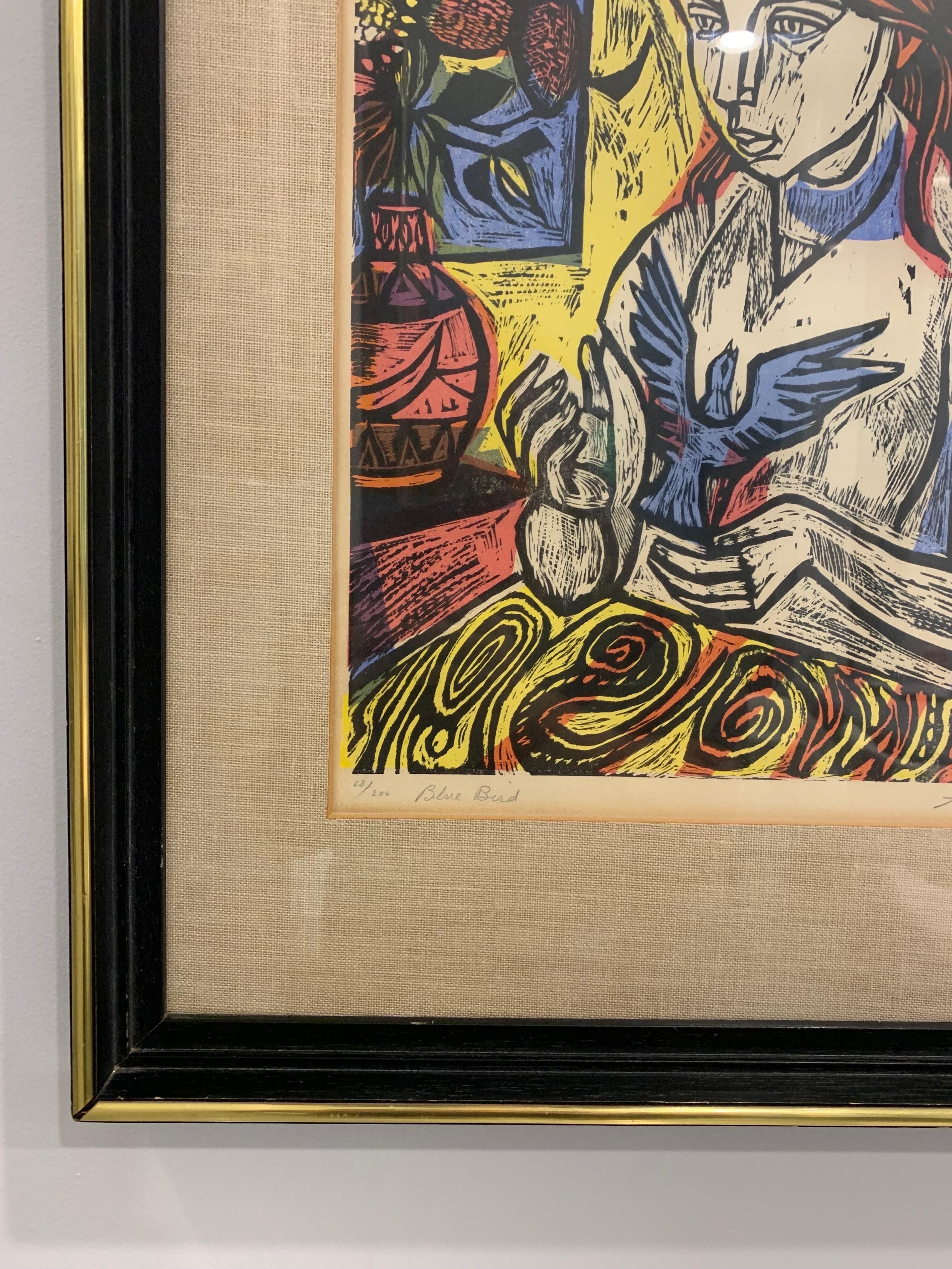 20th Century Irving Amen Signed Wood Cut Print Titled “Blue Bird” no. 68/200 For Sale