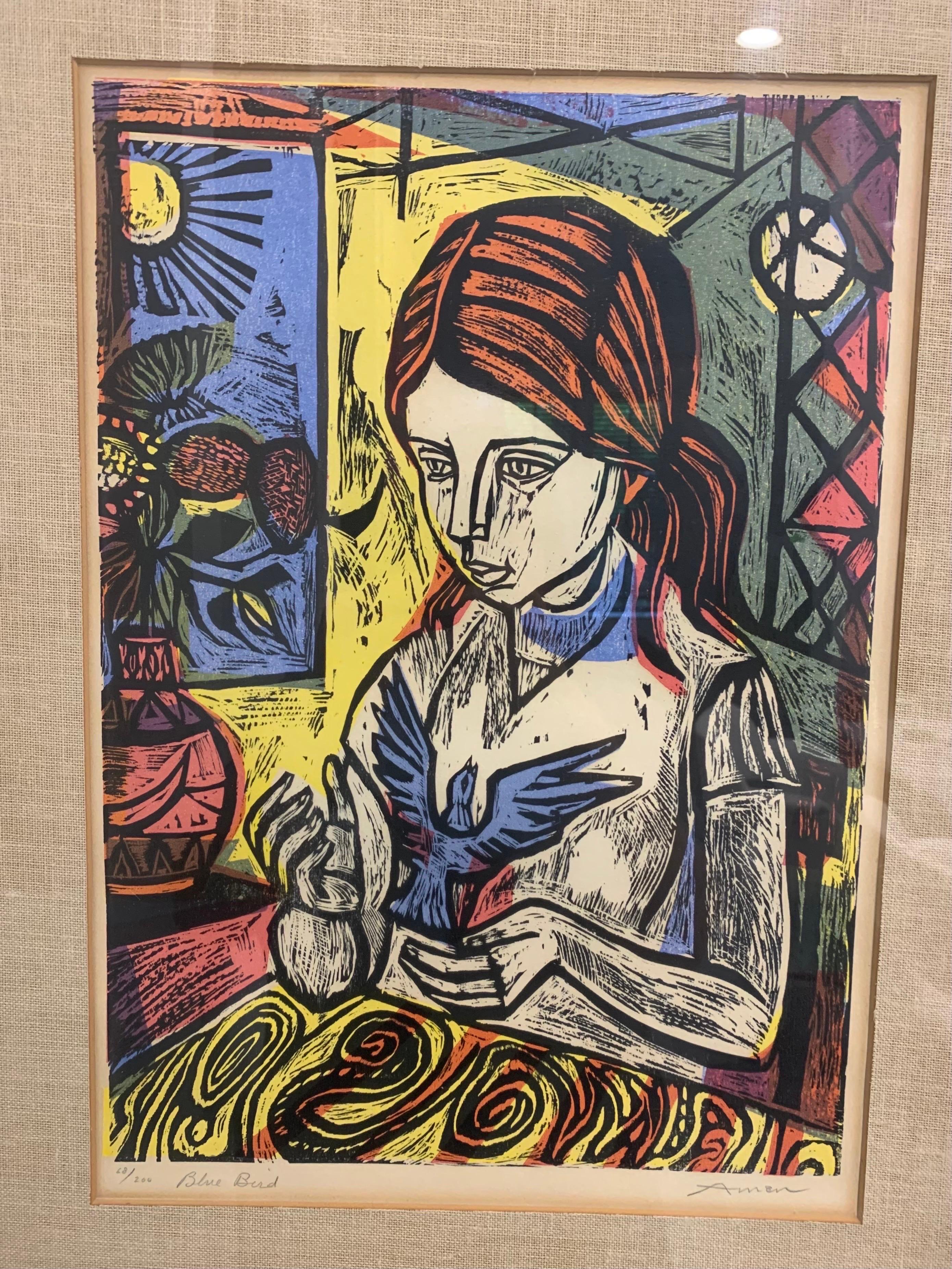 Irving Amen Signed Wood Cut Print Titled “Blue Bird” no. 68/200 For Sale 2