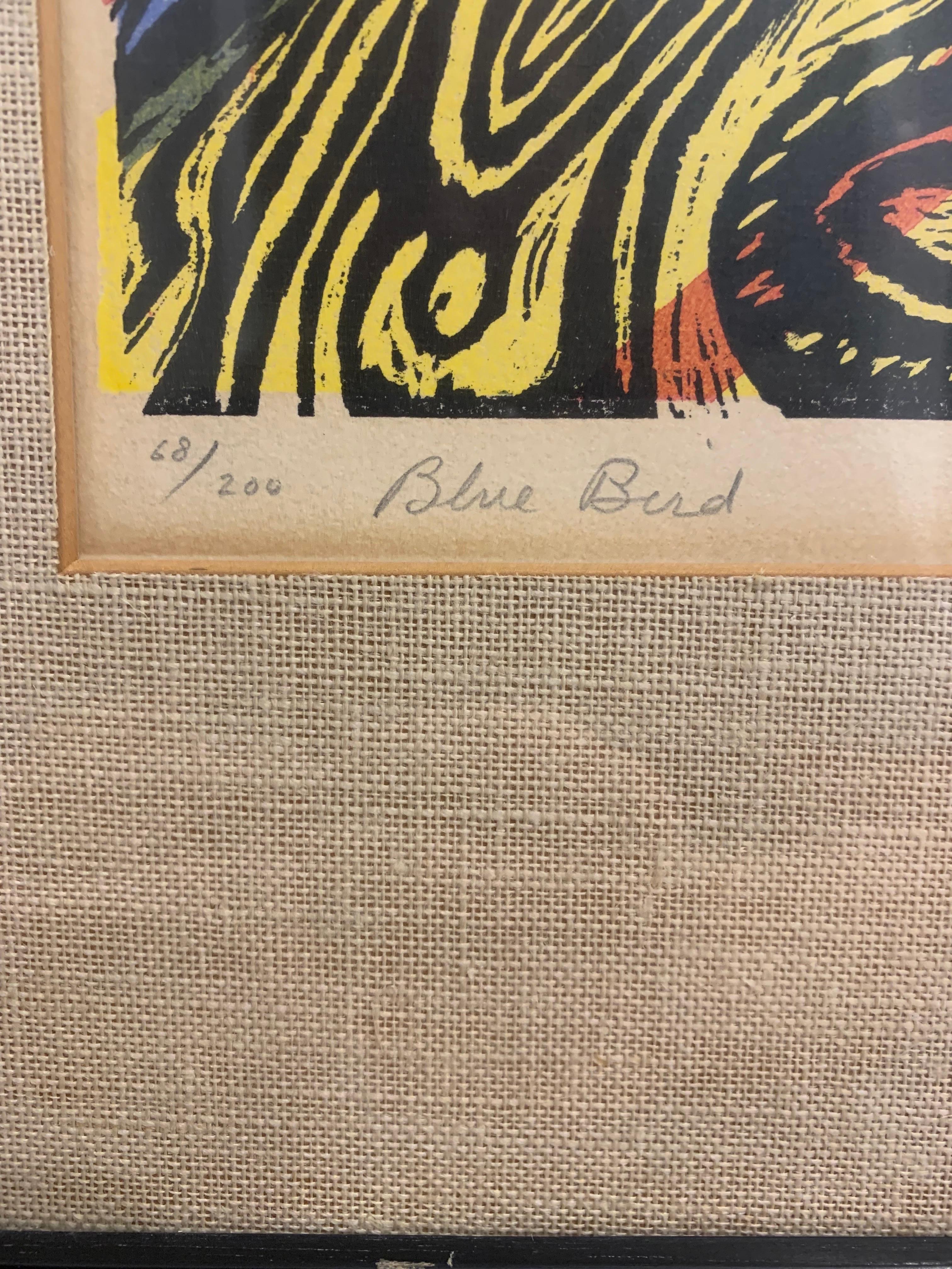 Irving Amen, estampe en bois coupée intitulée Oiseau bleu n° 68/200, signée en vente 2