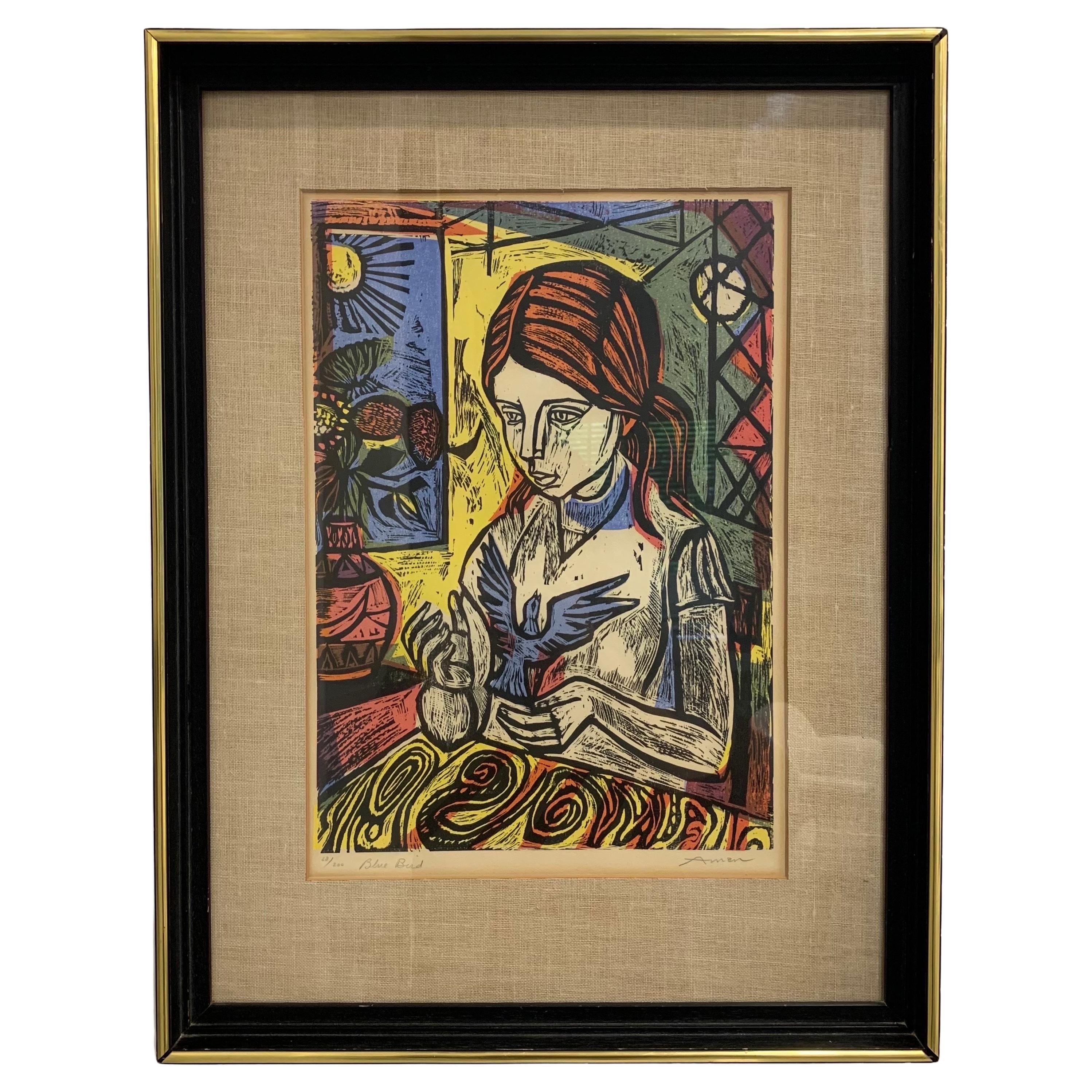Irving Amen Signed Wood Cut Print Titled “Blue Bird” no. 68/200 For Sale