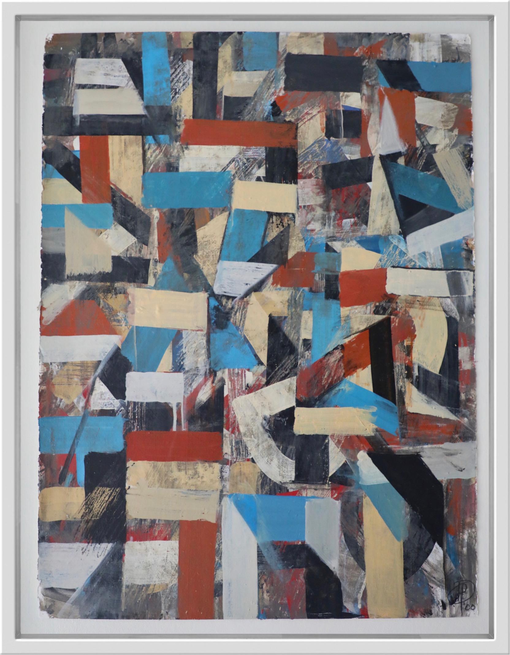 Abstract Geometric Acrylic on Paper in Blues, Tan and Rust - Painting by Irving B. Haynes
