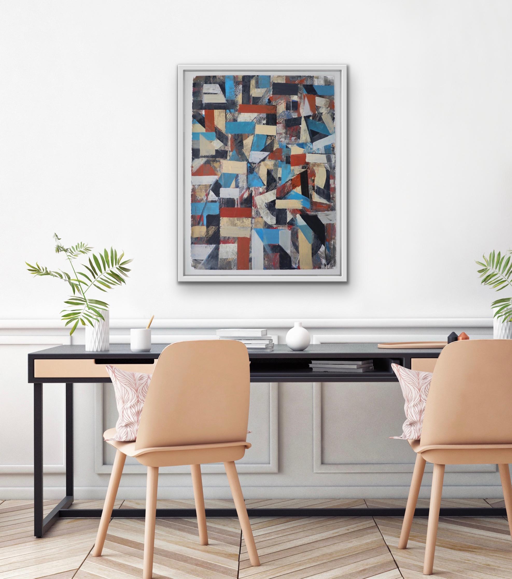 Abstract Geometric Acrylic on Paper in Blues, Tan and Rust - Gray Abstract Painting by Irving B. Haynes