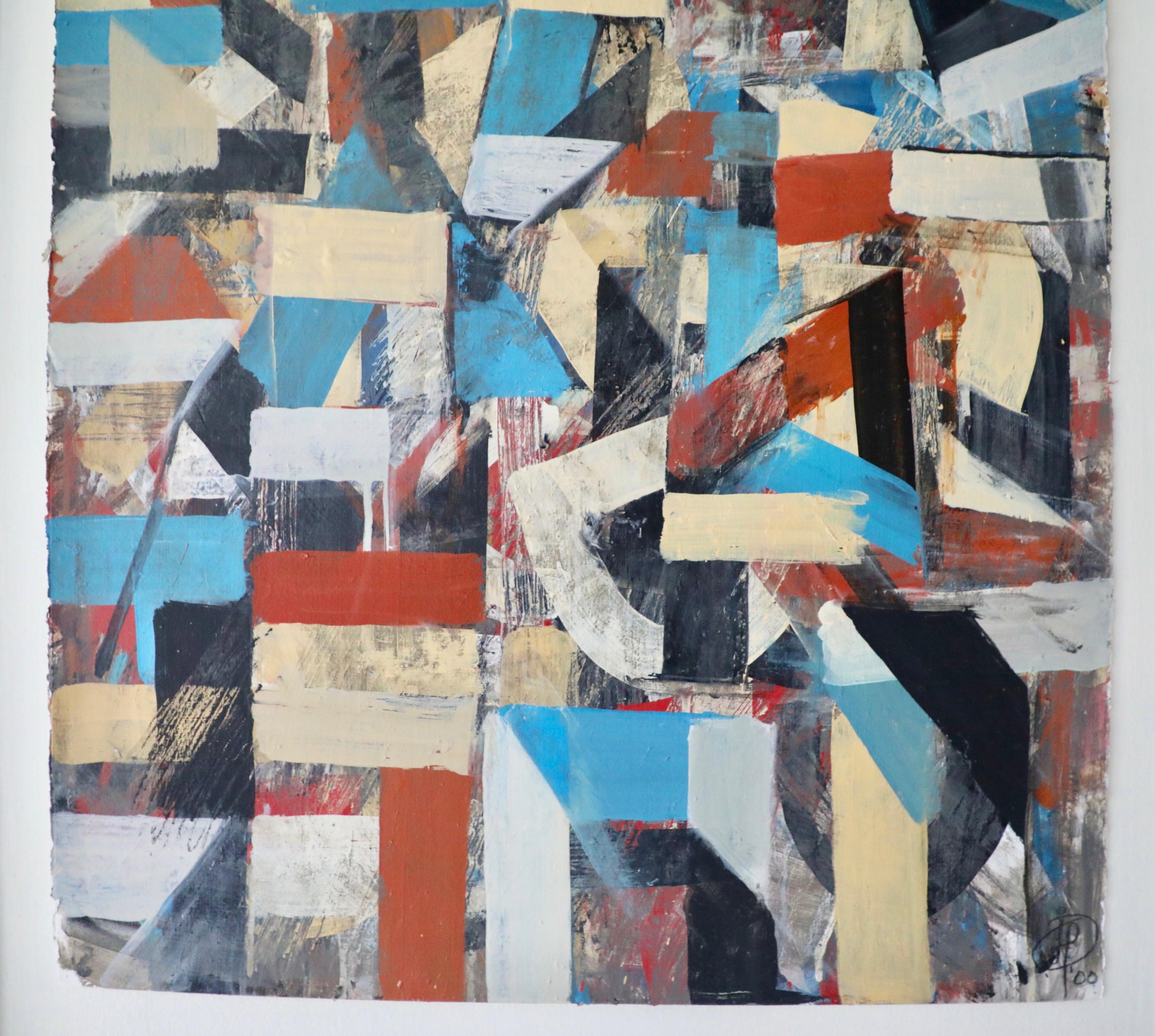 Abstract Geometric Acrylic on Paper in Blues, Tan and Rust 1