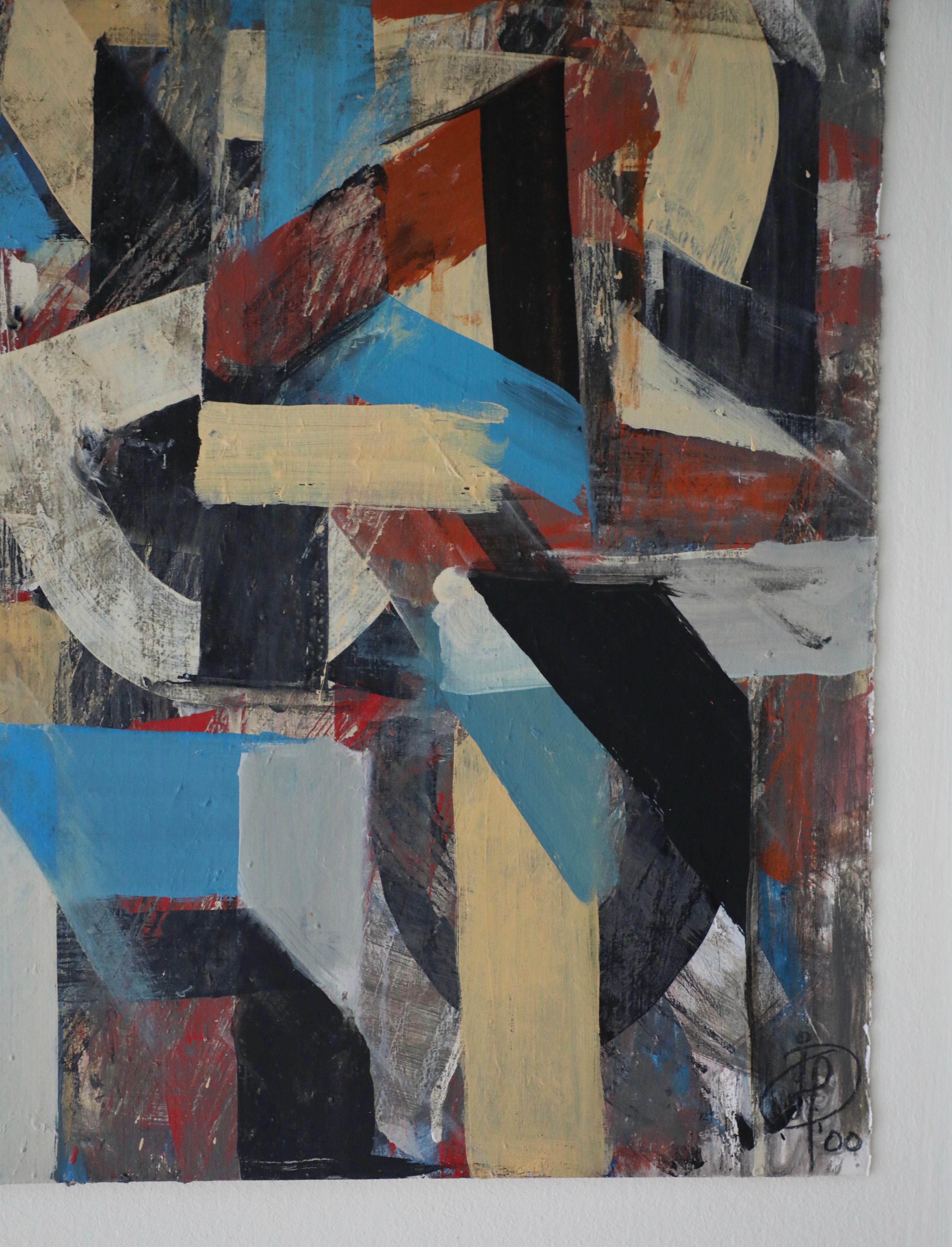 Abstract Geometric Acrylic on Paper in Blues, Tan and Rust 2