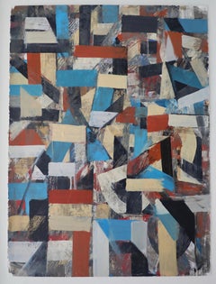Abstract Geometric Acrylic on Paper in Blues, Tan and Rust