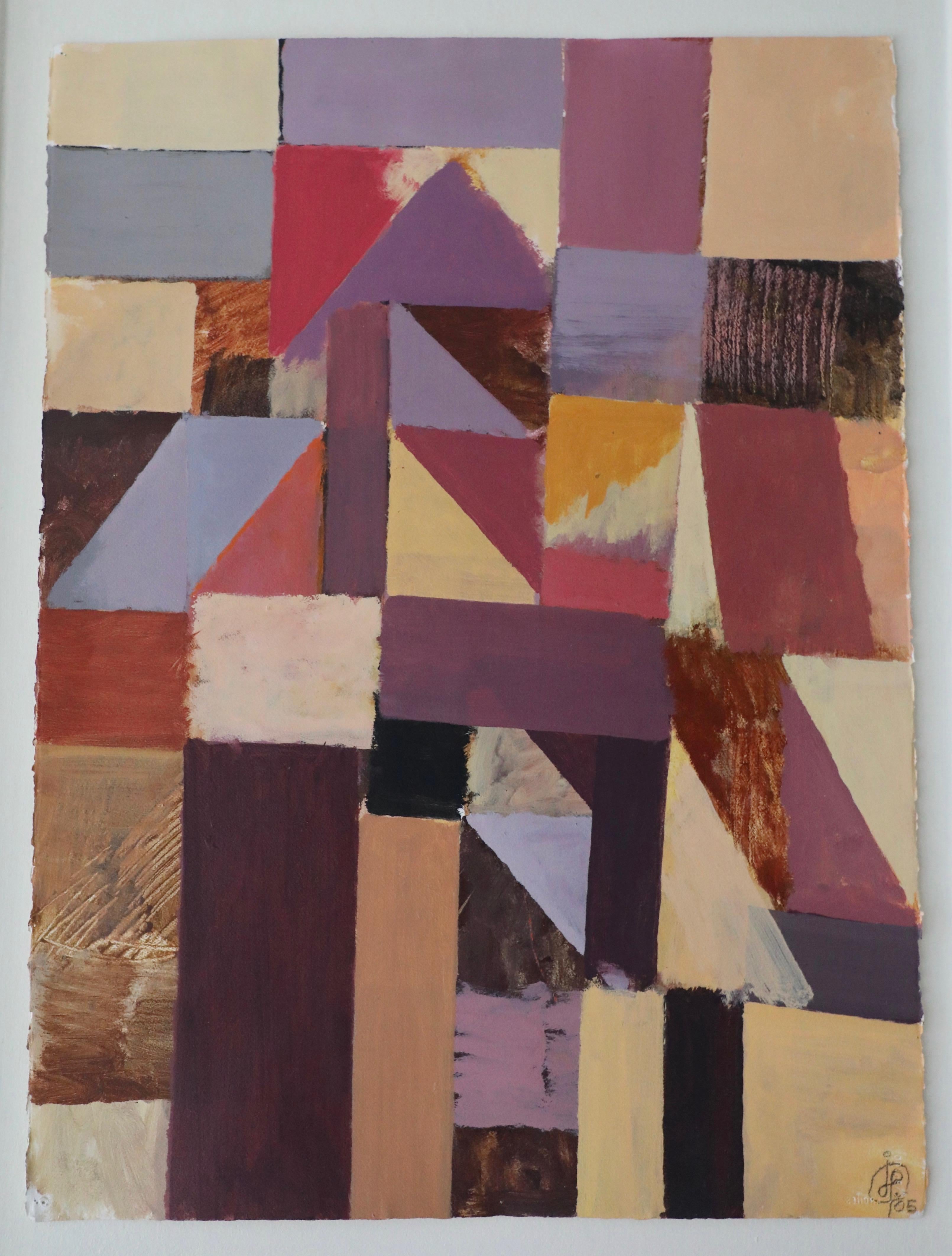 Abstract Geometric Acrylic on Paper in Purples and Tans - Painting by Irving B. Haynes
