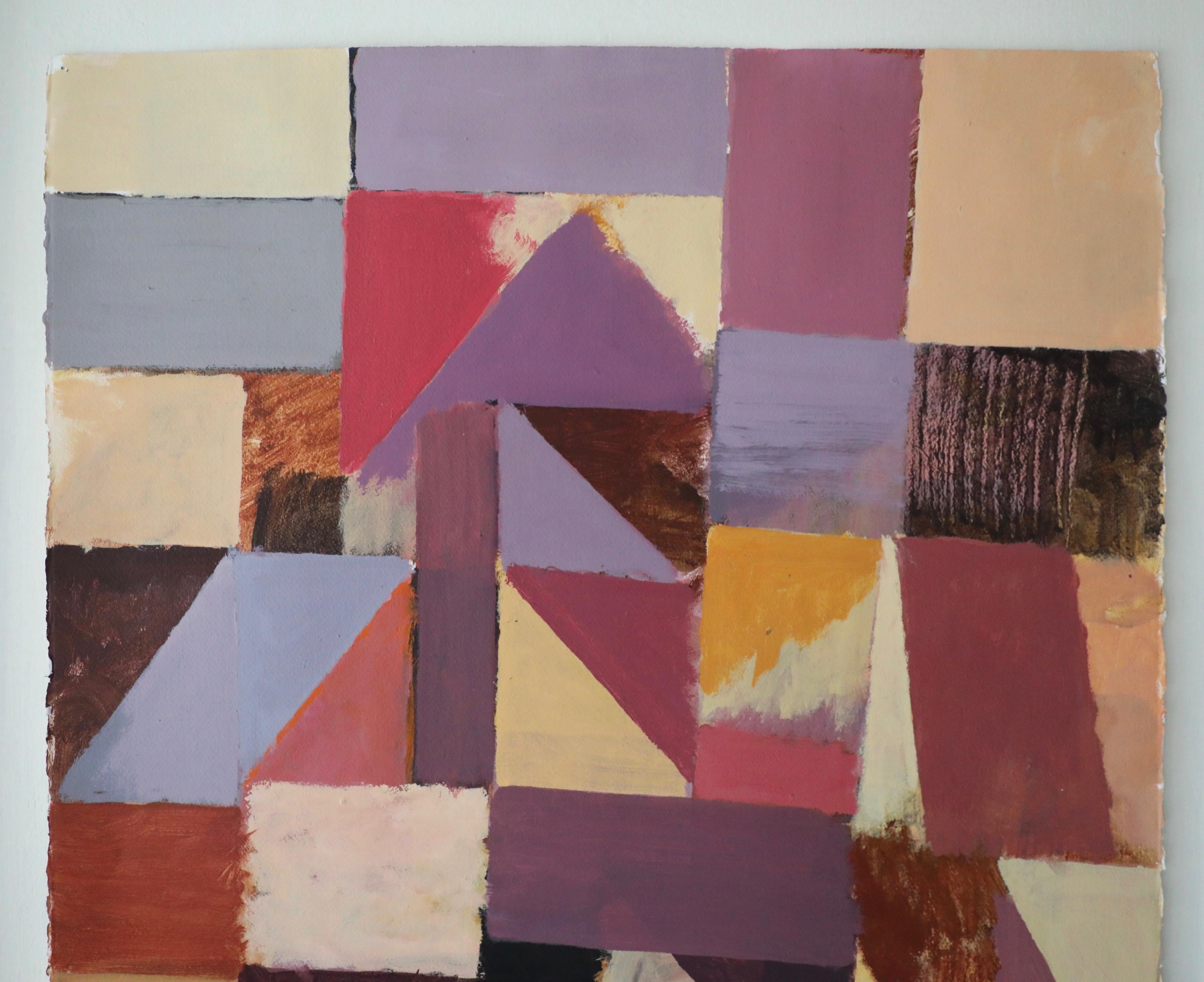 Abstract Geometric Acrylic on Paper in Purples and Tans - Gray Abstract Painting by Irving B. Haynes