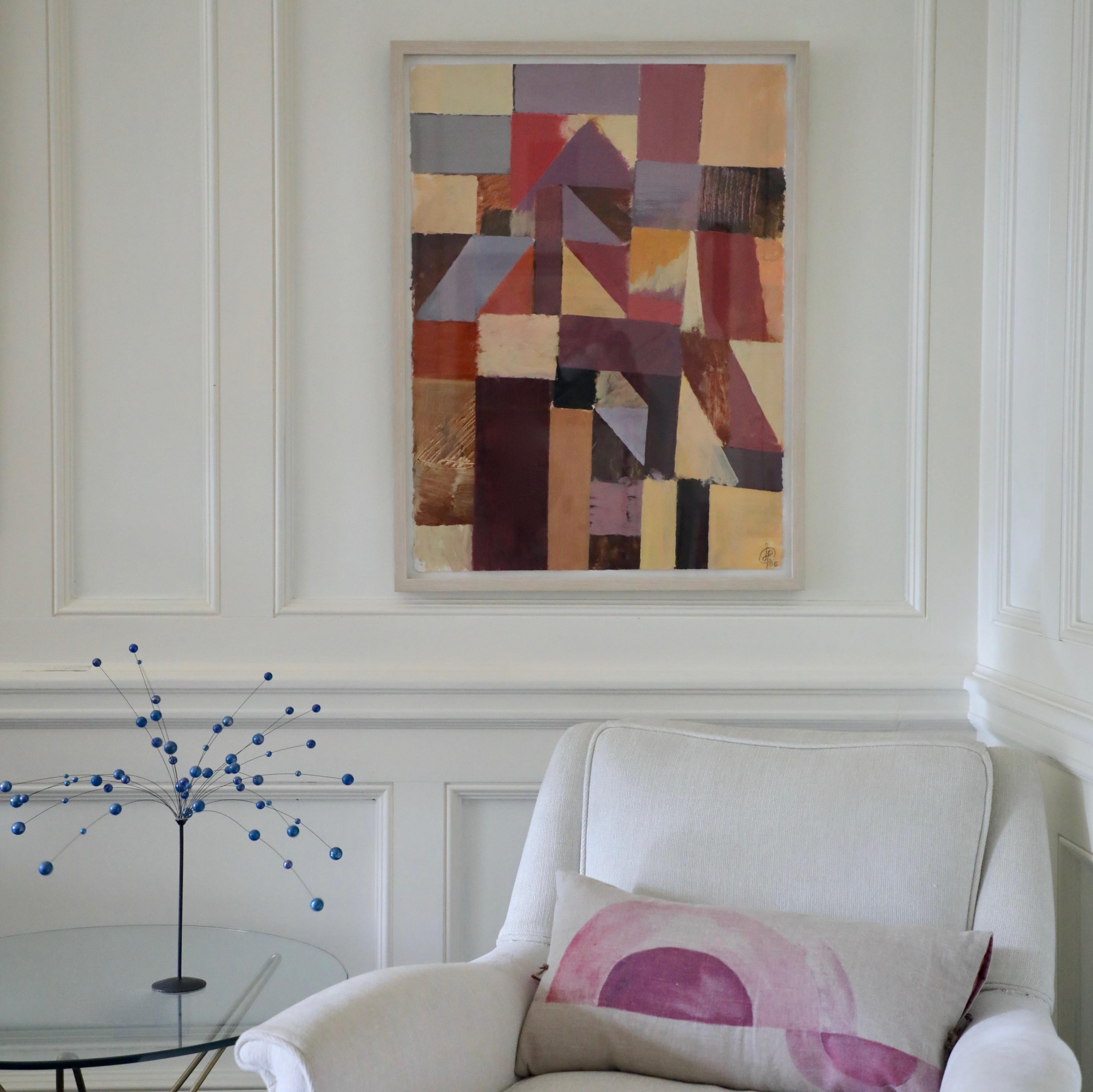 Abstract Geometric Acrylic on Paper in Purples and Tans For Sale 3