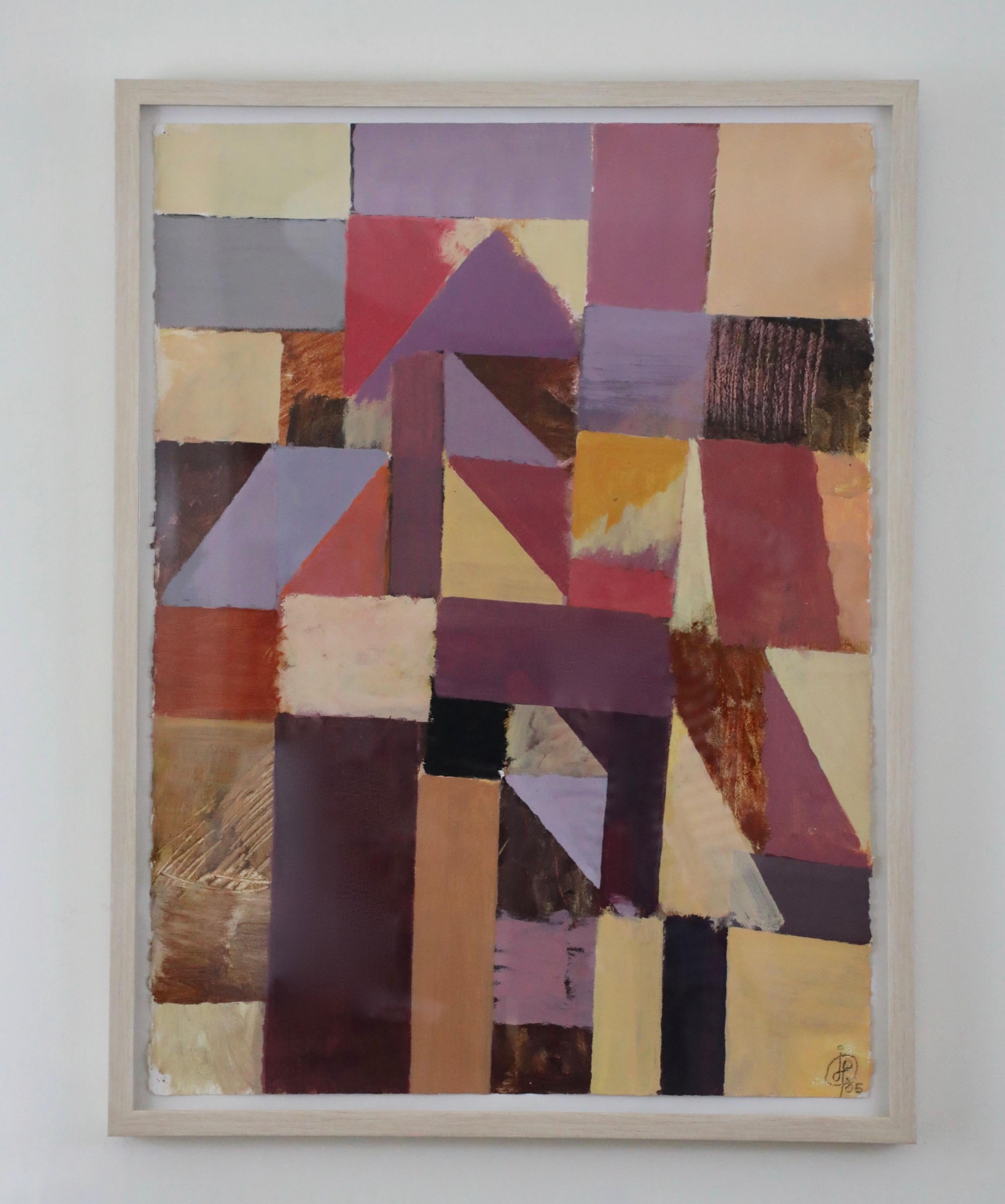 Irving B. Haynes Abstract Painting - Abstract Geometric Acrylic on Paper in Purples and Tans