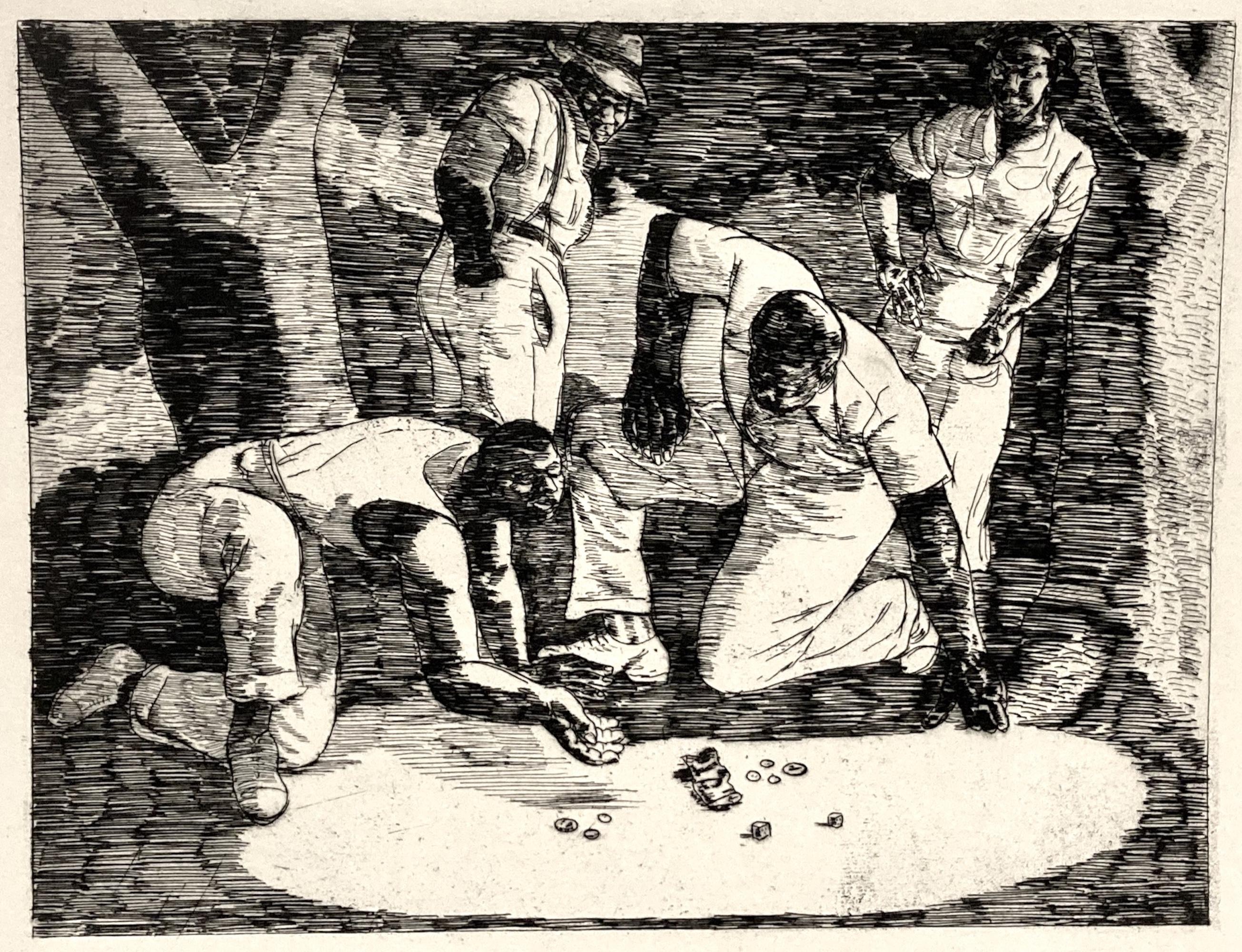 Un sujet américain de l'époque de la dépression sur des hommes afro-américains jouant au craps par Irving Guyer. (Le craps est un jeu de hasard qui ne requiert ni compétence ni stratégie. Le but est de prédire le résultat du lancer des deux dés --