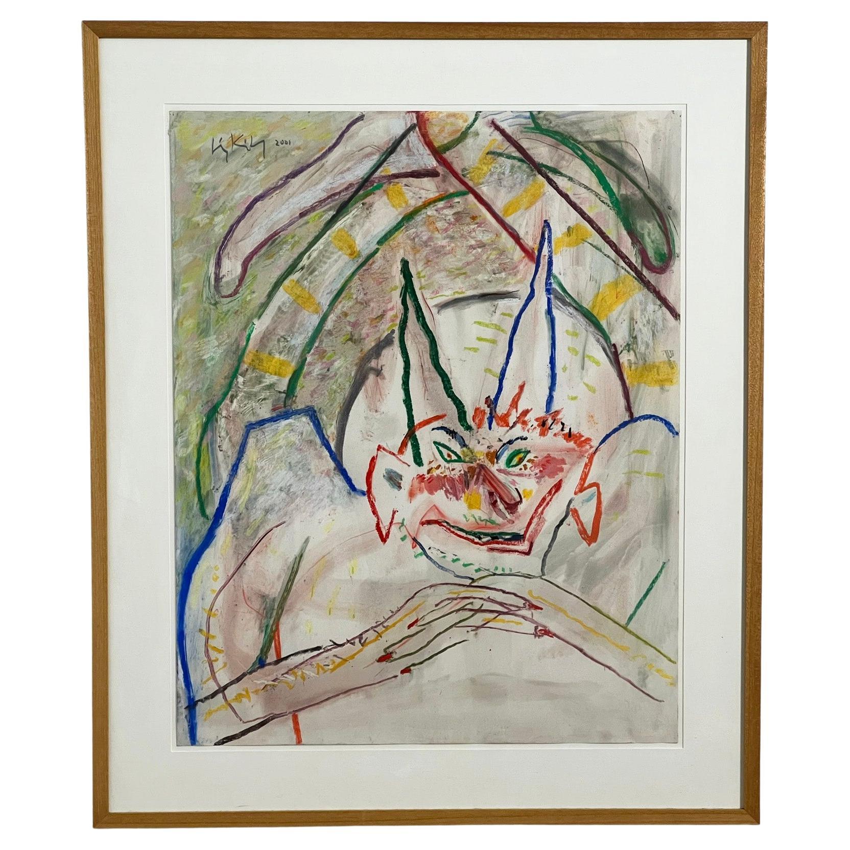 Irving Kriesberg, crayon à l'huile figuratif expressionniste sur papier daté de 2001