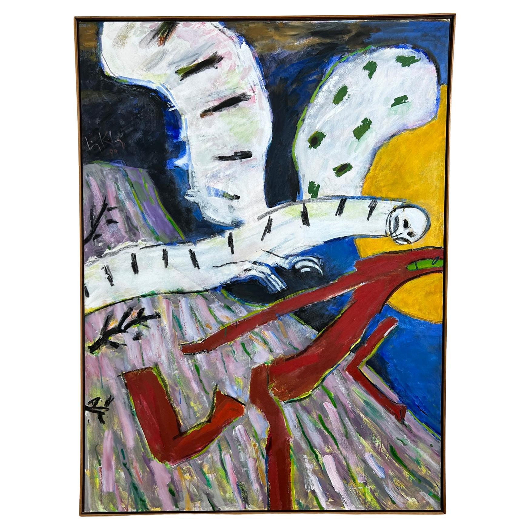 Grande huile sur toile intitulée « Pursuit » d'Irving Kriesberg  D. 1994