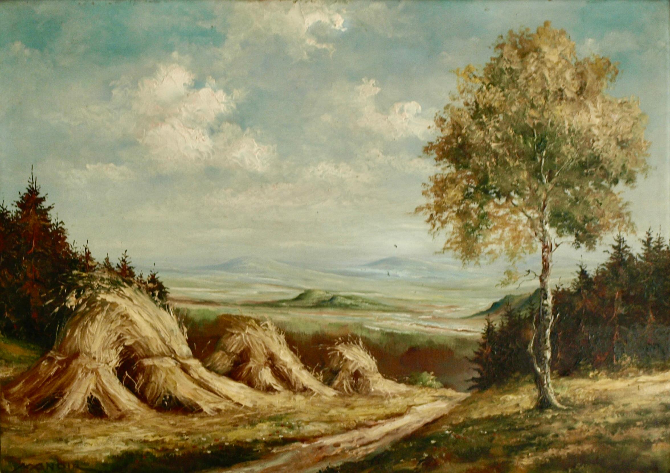 California Landscape with Hay Shocks - 1940s Oil/Board - Trees & Mountains - Painting by Irving Manoir