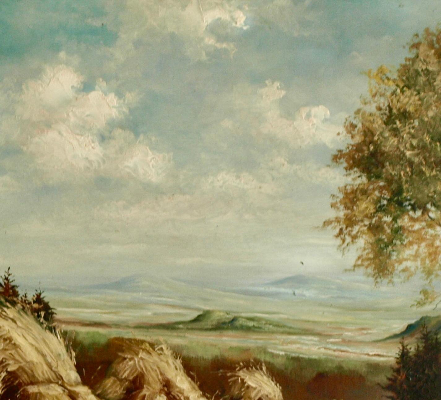 California Landscape with Hay Shocks - 1940s Oil/Board - Trees & Mountains - Brown Landscape Painting by Irving Manoir