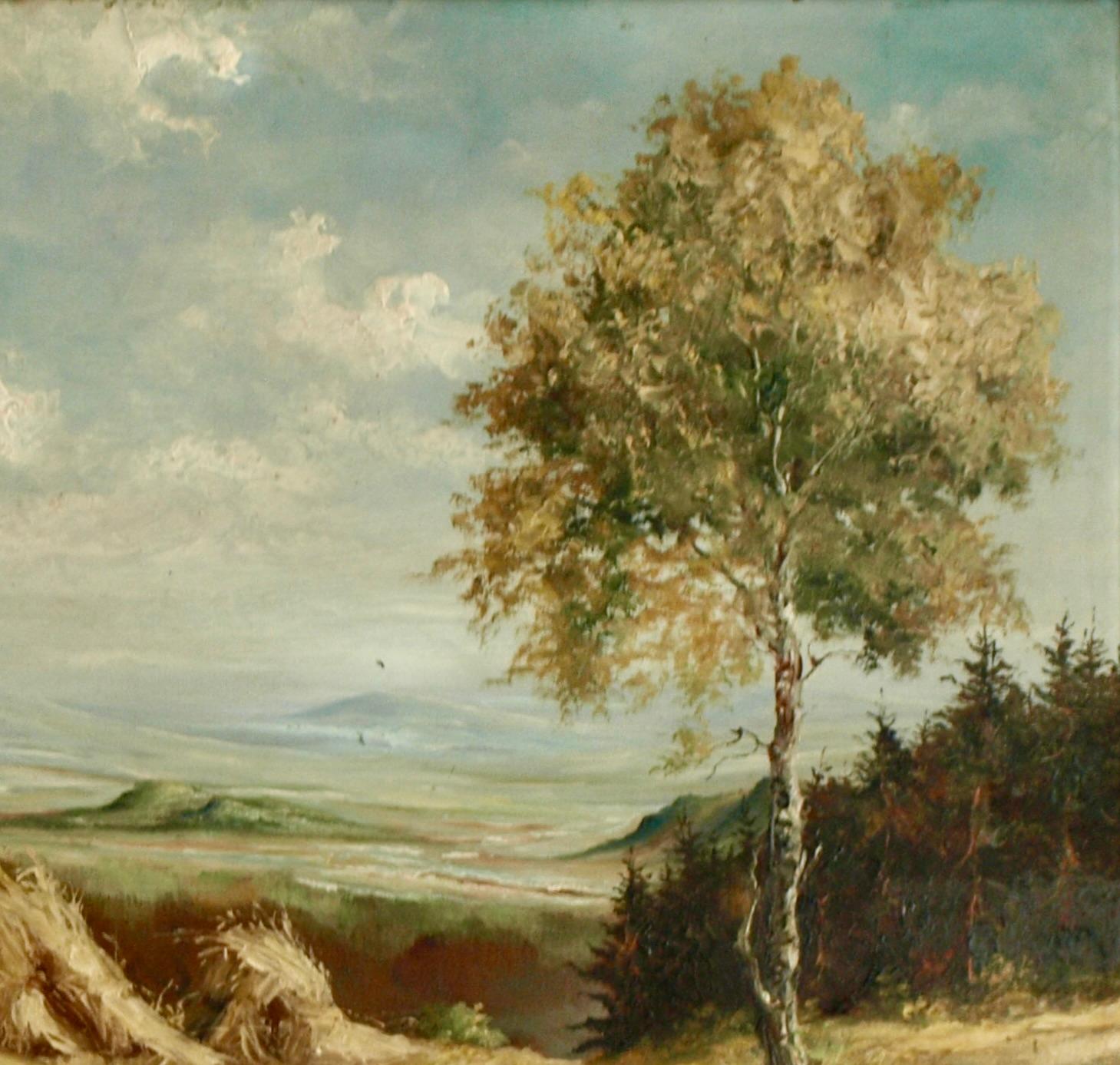 California Landscape with Hay Shocks - 1940s Oil/Board - Trees & Mountains For Sale 1
