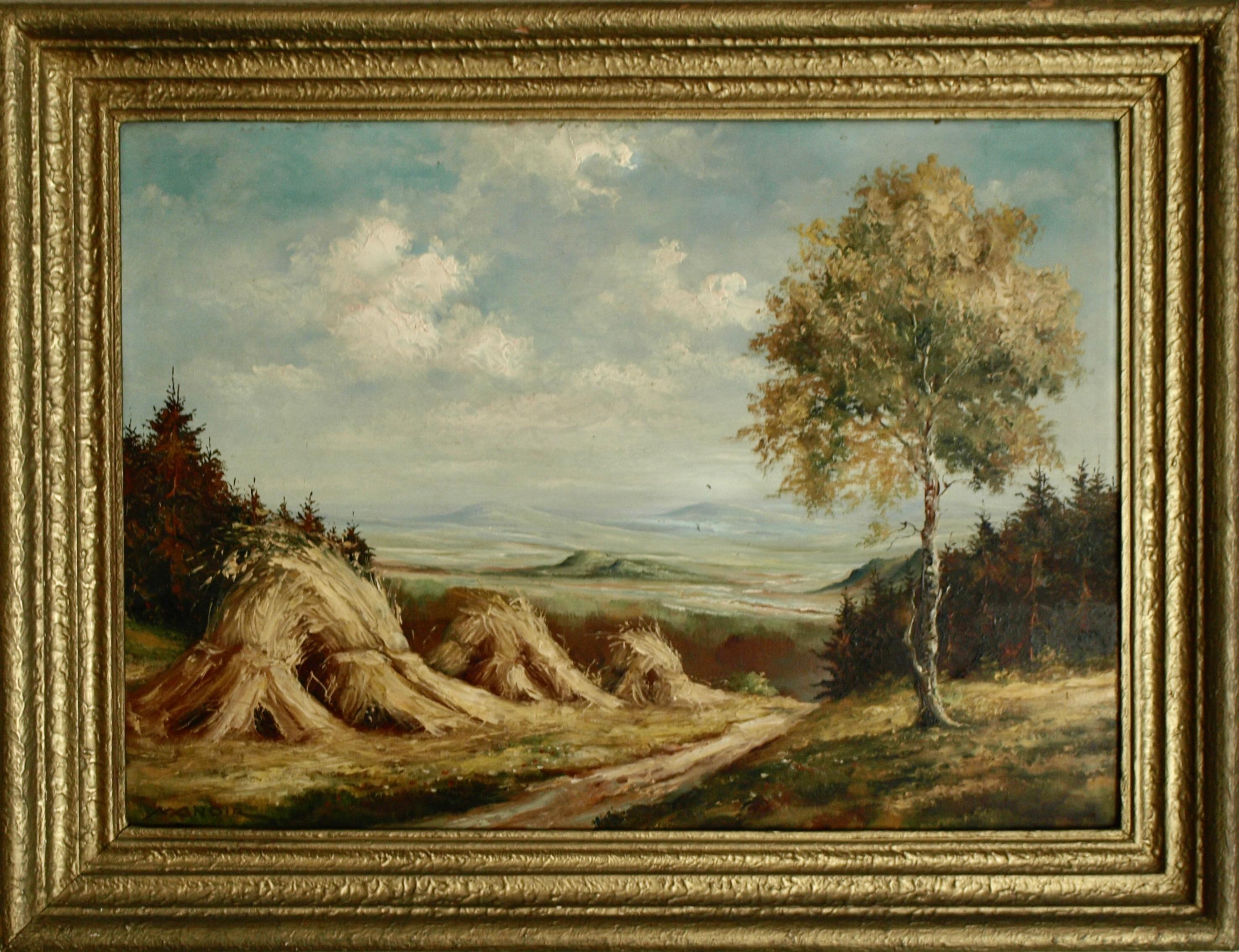 Irving Manoir Landscape Painting - California Landscape with Hay Shocks - 1940s Oil/Board - Trees & Mountains