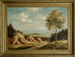 California Landscape with Hay Shocks - 1940s Oil/Board - Trees & Mountains