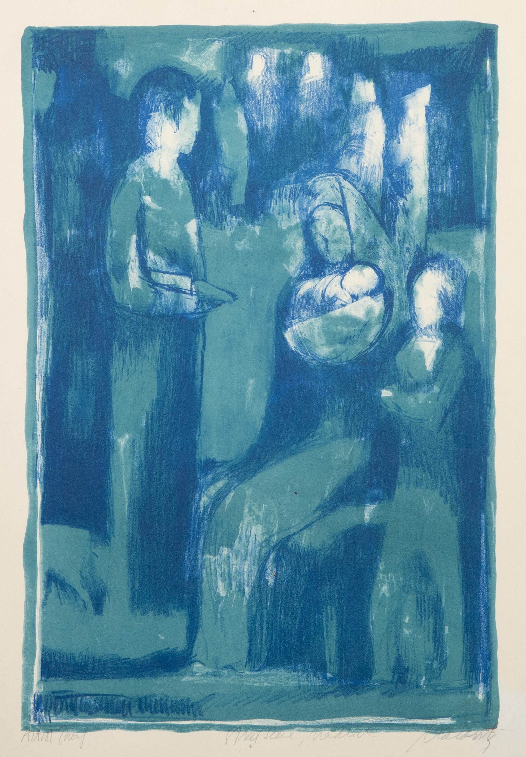  Irving Marantz, Americano (1912 - 1972) -  Scena di strada, Madrid, Anno: circa 1960, Medium: Litografia, firmato, intitolato e numerato a matita, Edizione: AP, Dimensioni immagine: 17,5 x 12 pollici, Dimensioni: 21,75 x 16 pollici (55,25 x 40,64