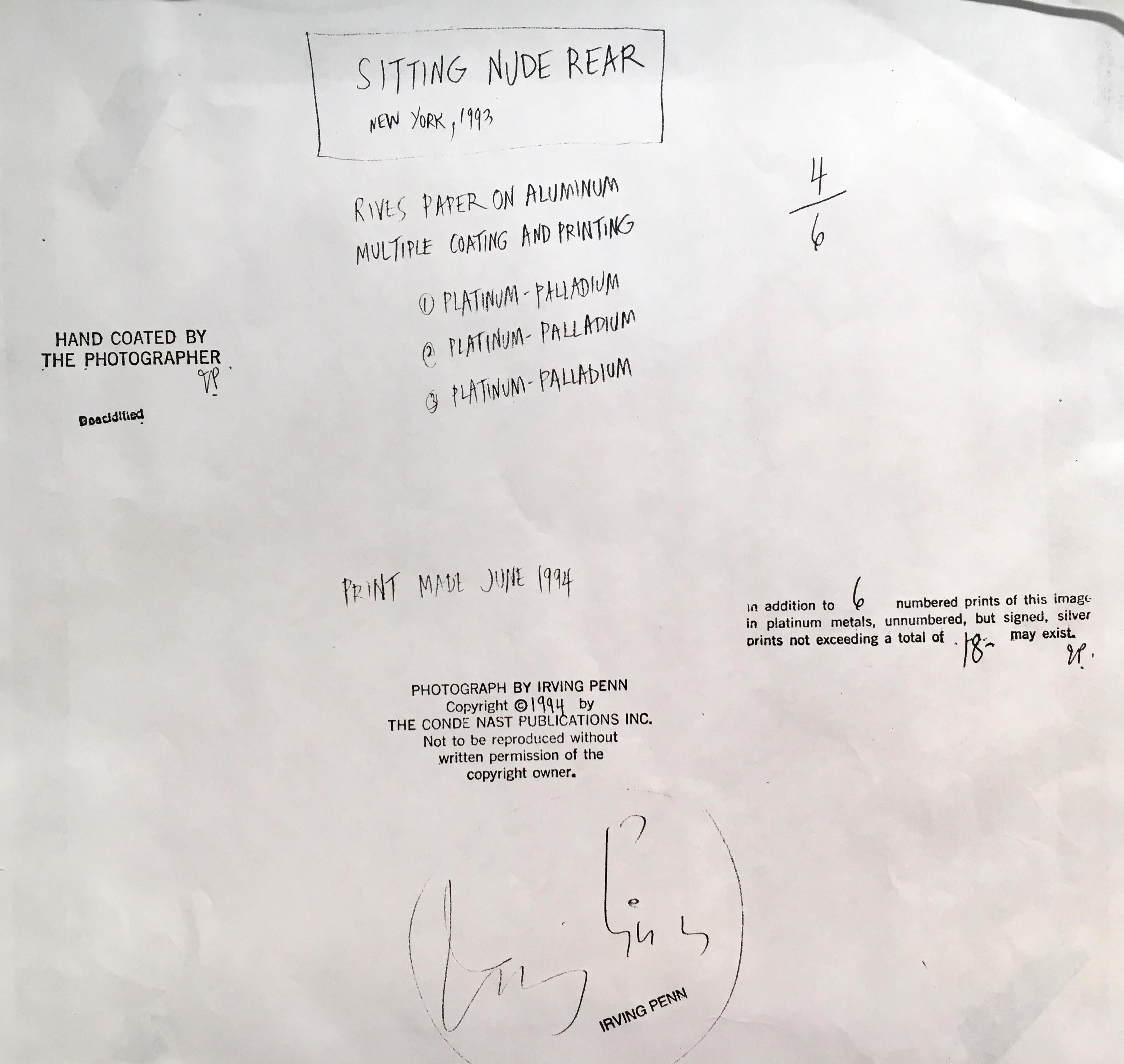 Titled, dated, numbered, signed and stamped on the back of the mount with printing and edition information. Detailed information on the 3 coatings of Platinum/Palladium on the back of the mount. Edition of 6 P/P and no more than 18 silver prints.