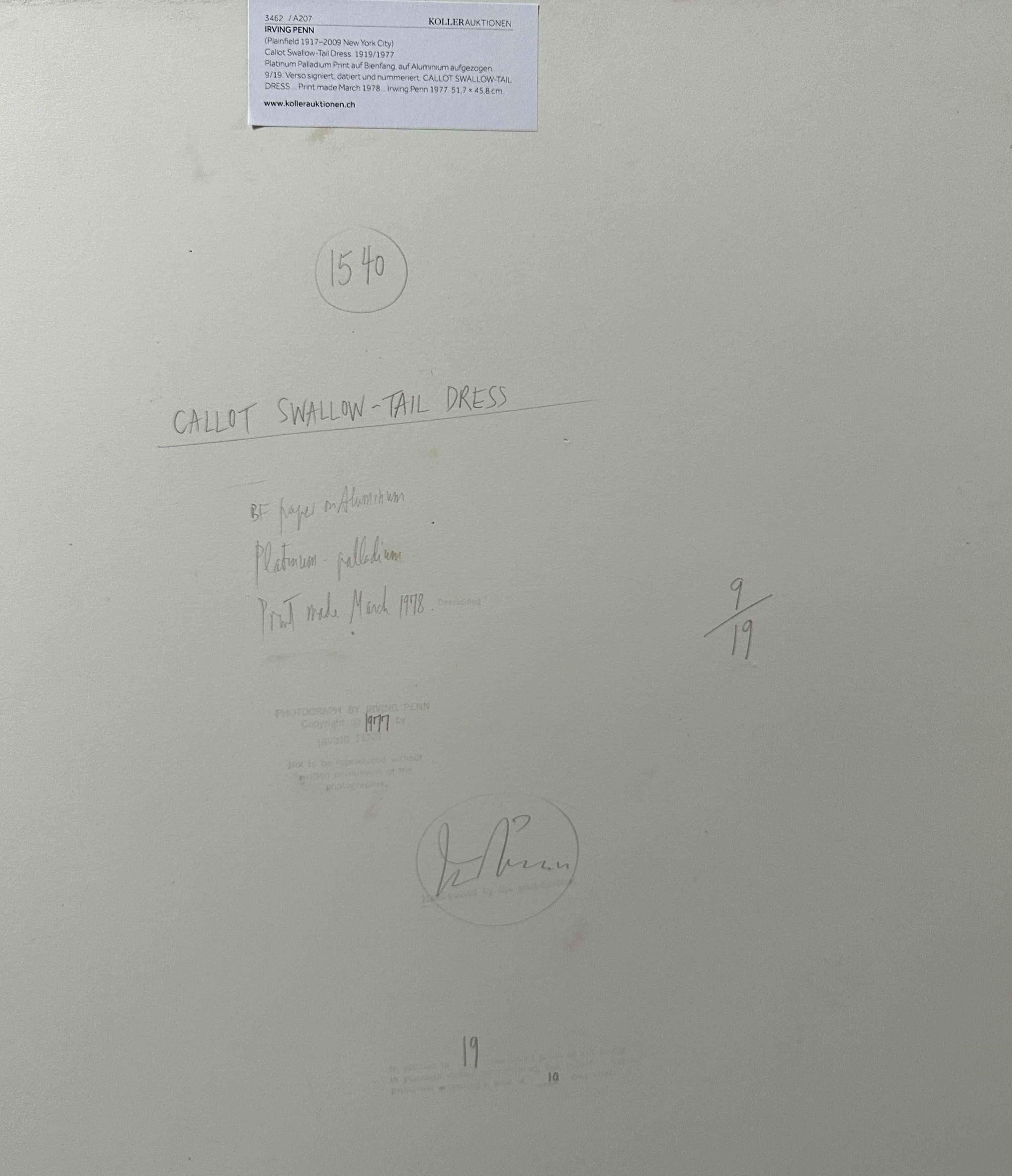 Irving Penn (1917 - 2009, USA)
Callot Schwalbenschwanzkleid 1977/1978
Platin-Palladium-Druck auf Bienfang 
Montiert auf Aluminium, gerahmt 
51,7 x 45,8 cm (20 1/3 x 17 3/4 in.)
Ausgabe 9/19
Verso signiert, datiert und nummeriert 
Druck vom März