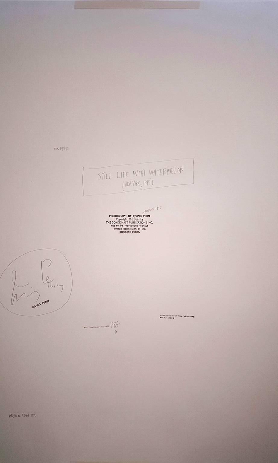 Colección Phillips de Pury de Alain Dominique Perrin
Impreso en 1985, Uno de una edición de 21 impresiones por transferencia de tinta
Firmado Irving Penn Verso
Literatura: Szarkowki, Irving Penn Irving Penn: Pasajes

Datos técnicos sobre cómo lo