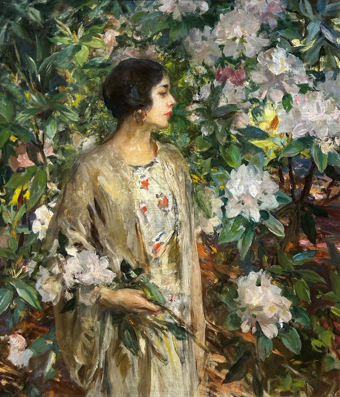 "Glad und Rhododendron" Irving Ramsey Wiles, Amerikanischer Impressionist Porträt