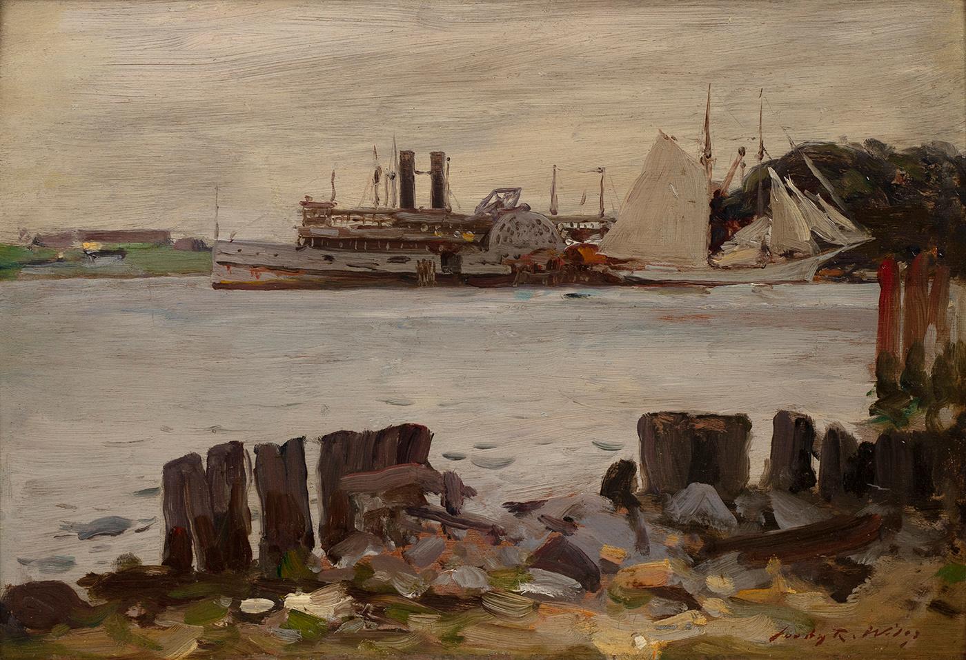 Irving Ramsey Wiles Landscape Painting - Paddle Wheeler and Schooner on the River