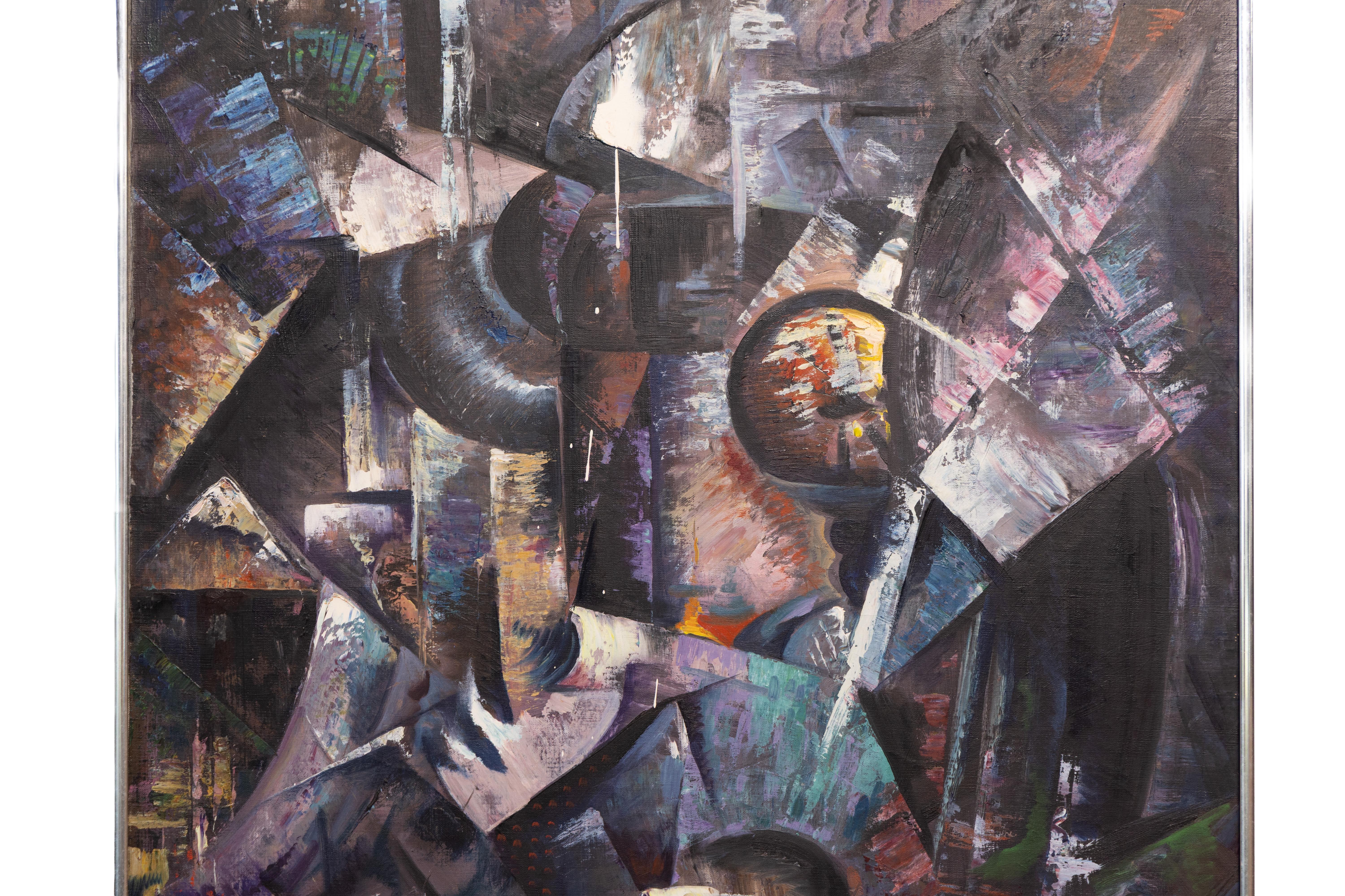 Vintage American Modernist Cubist Abstrakt Gerahmt Original Zeitraum Ölgemälde (Grau), Abstract Painting, von Irving Resnikoff