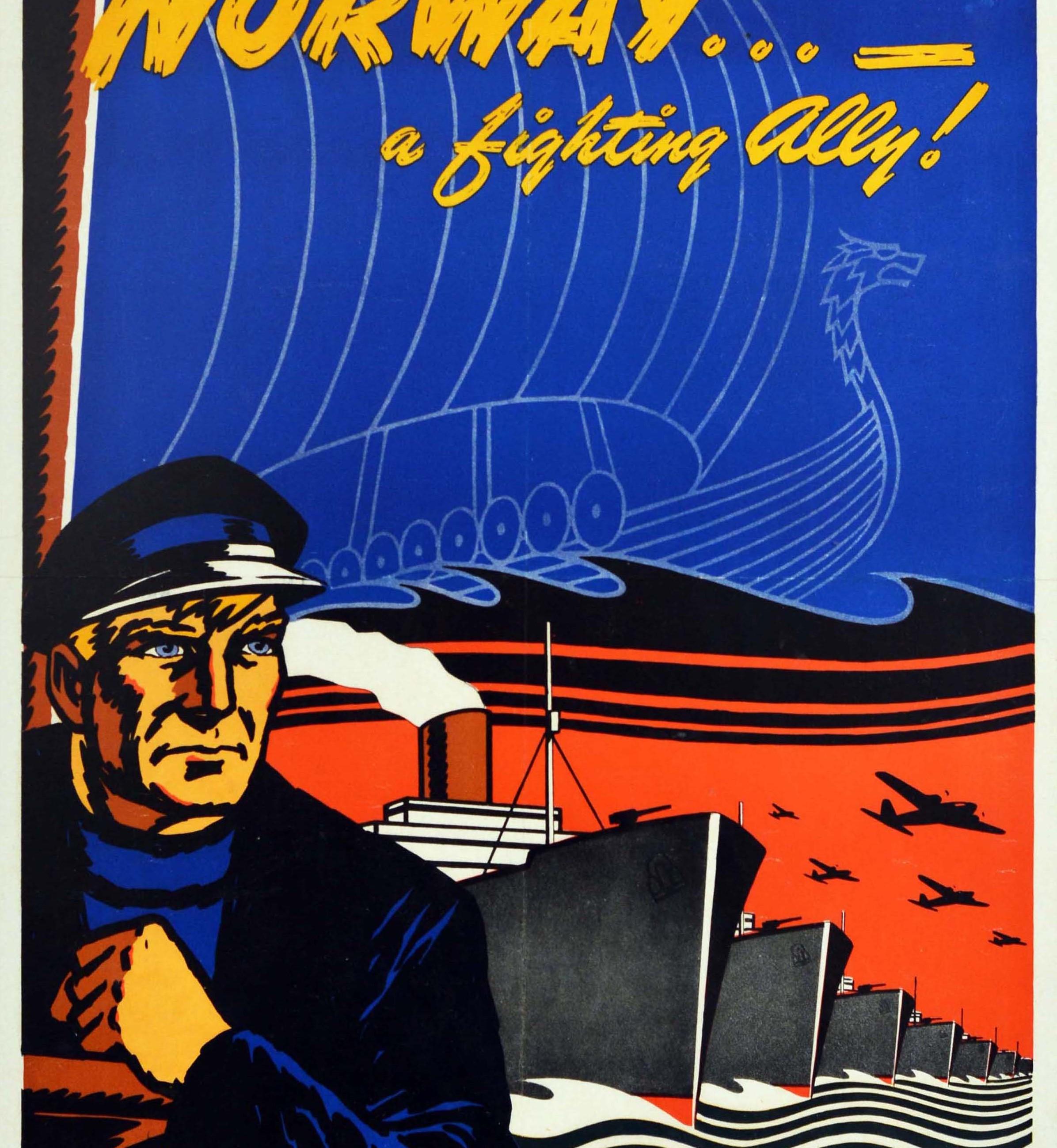 Original-Plakat aus dem Zweiten Weltkrieg für Norwegen... - A Fighting Ally! mit einem farbenfrohen Design, das einen Matrosen zeigt, der auf das Meer hinausschaut, mit einem traditionellen Wikingerbootbild über einer stilisierten Linie von