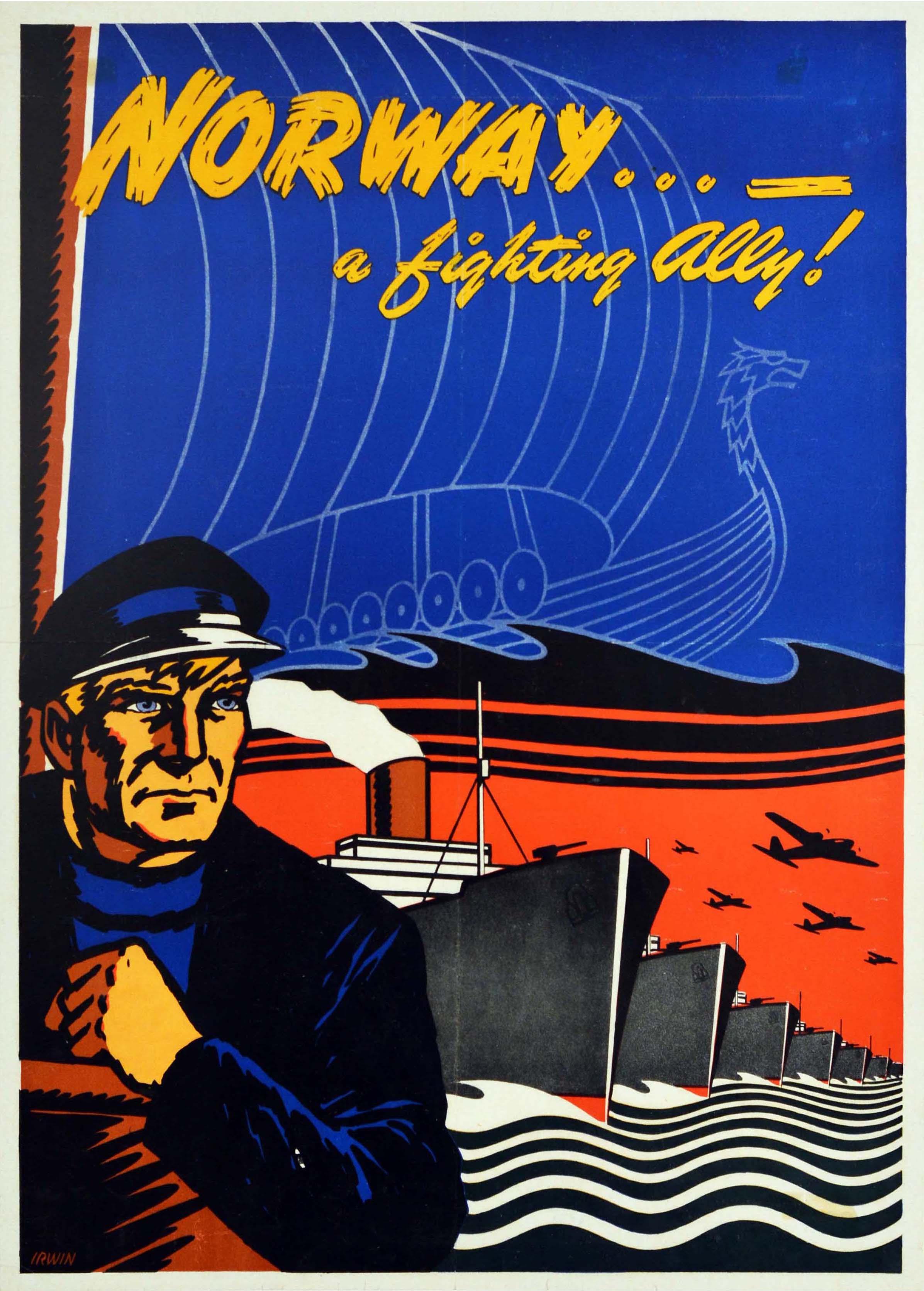 Irwin Print – Original Vintage WWII Poster Norwegen "A Fighting Ally Viking Boat War Ships Planes"