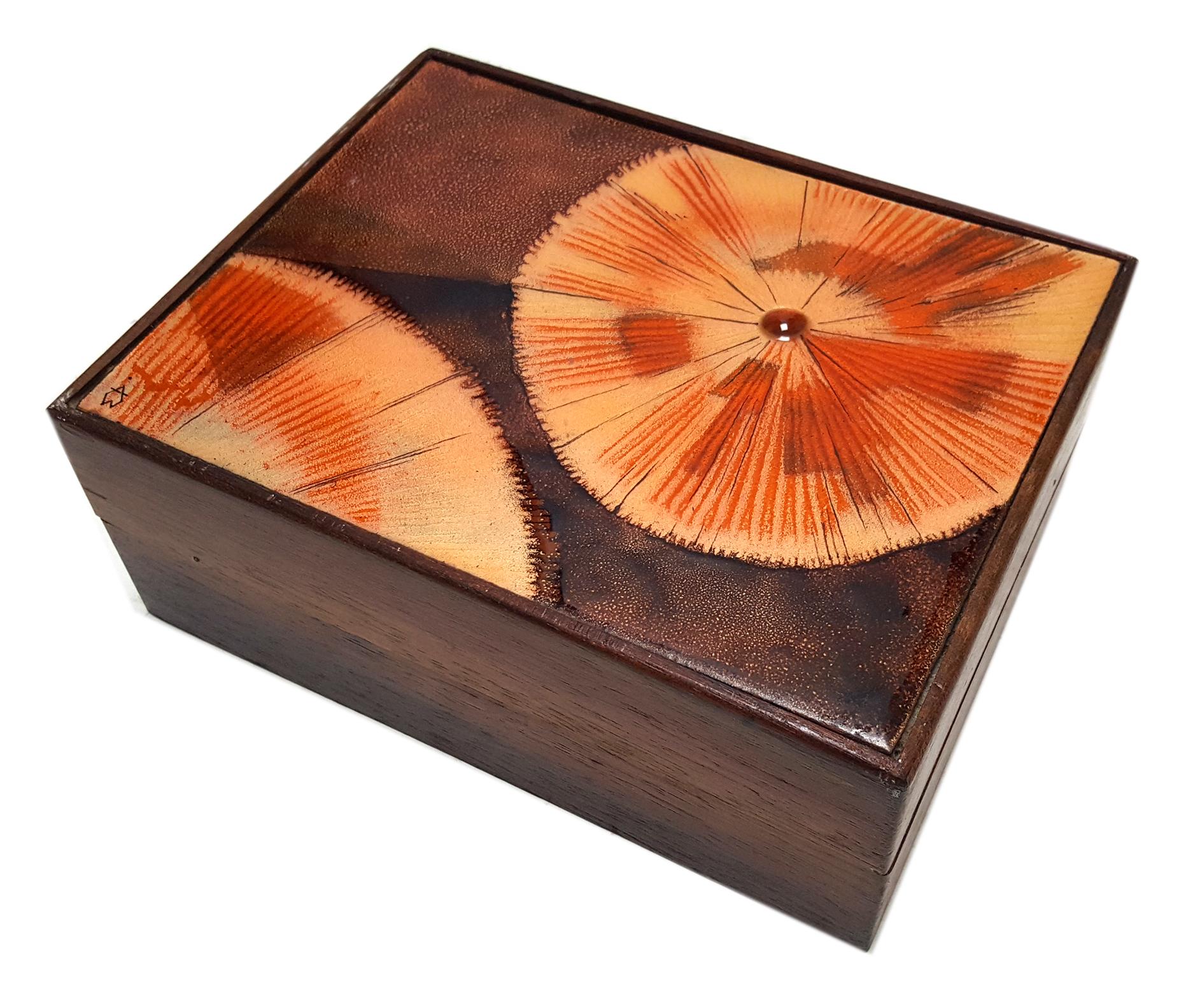 Trinket box, velvet-lined, enamel on copper plate by Irwin Whitaker.  Irwin Whitaker - Oklahoma-born artist who was prolific in California, Taos, Austin, and Michigan. We have a number of his works available.