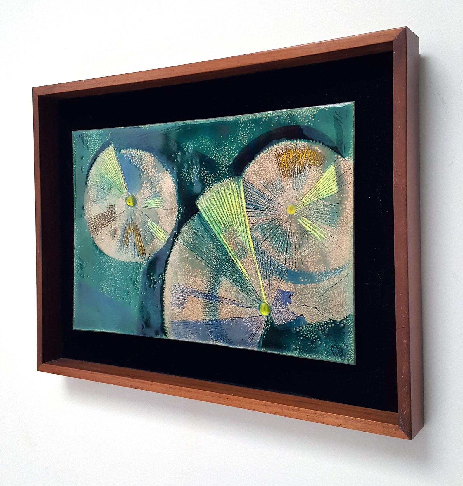 'Abstraction 1' Enamel on copper plate by Irwin Whitaker, Walnut frame , 1960s
Oklahoma-born artist who was prolific in California, Taos and Austin. We have a number of his works available.