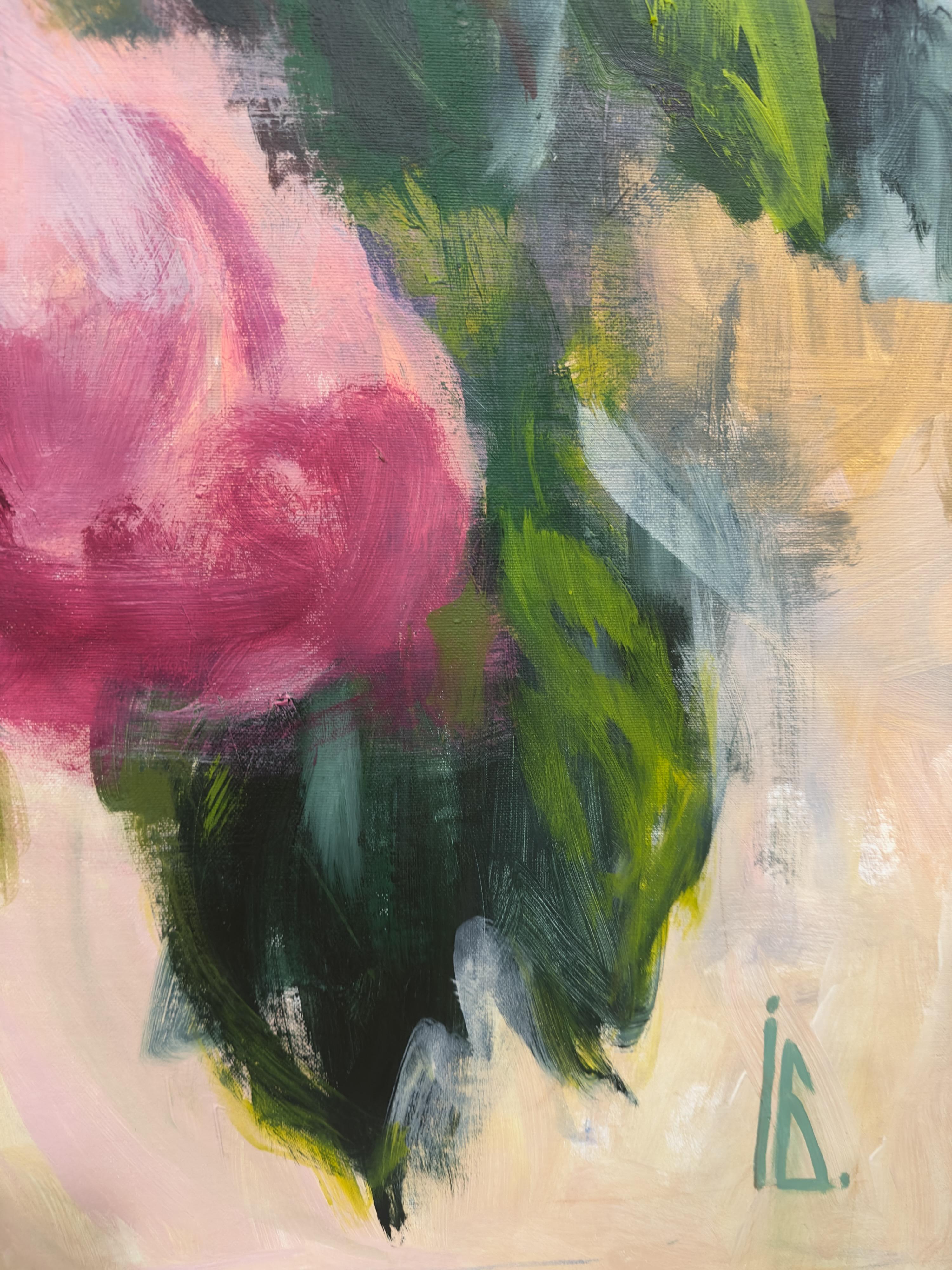 A gentle scene where the woman and the flowers seem to breathe in unison. Soft tones of pink and green blend into a space filled with light and stillness. It’s a story about femininity, peace, and the quiet strength of life that blossoms