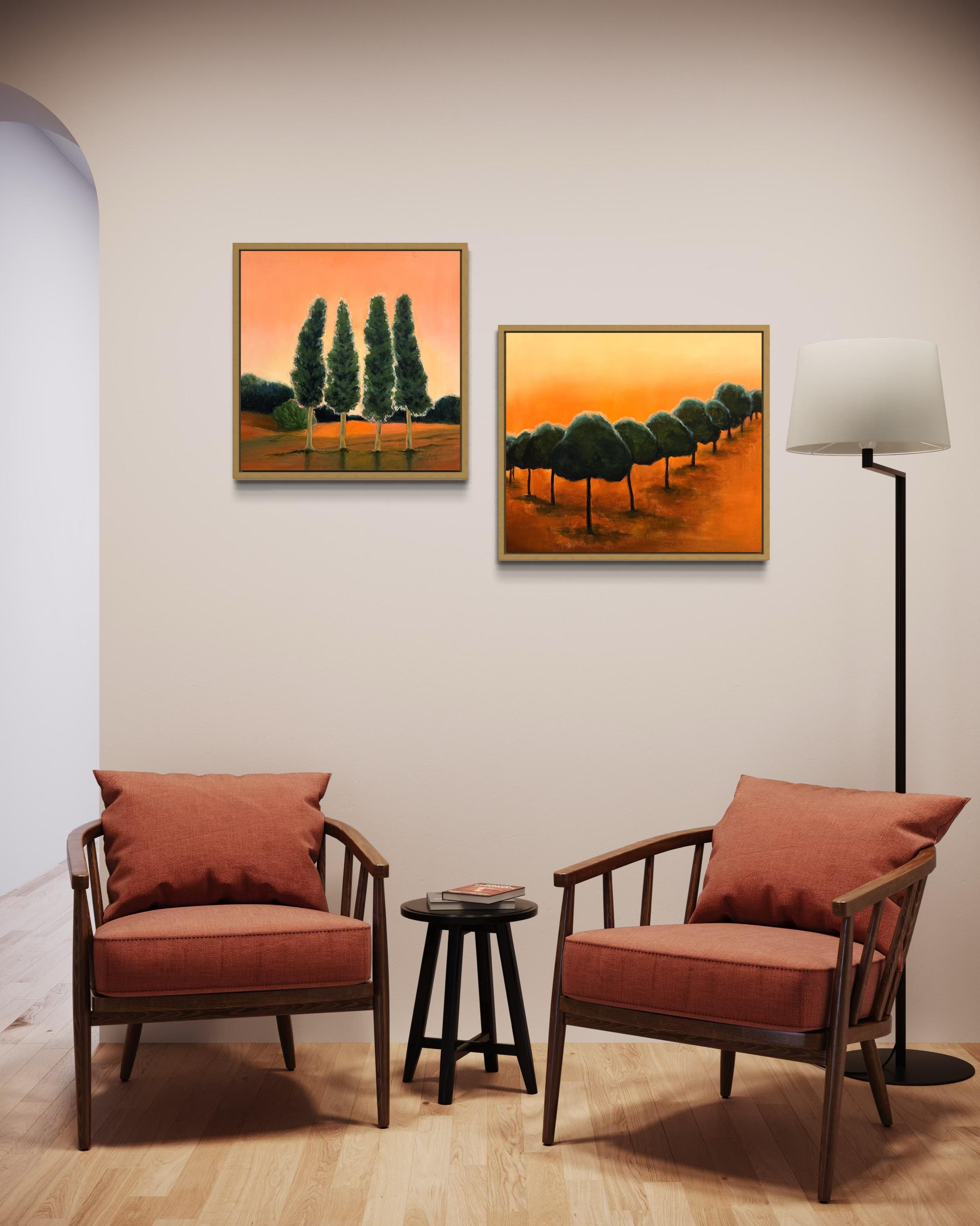 Inizia a brillare. Cipressi. Dipinti originali - Landscape Painting Arancia di Iryna Bondar