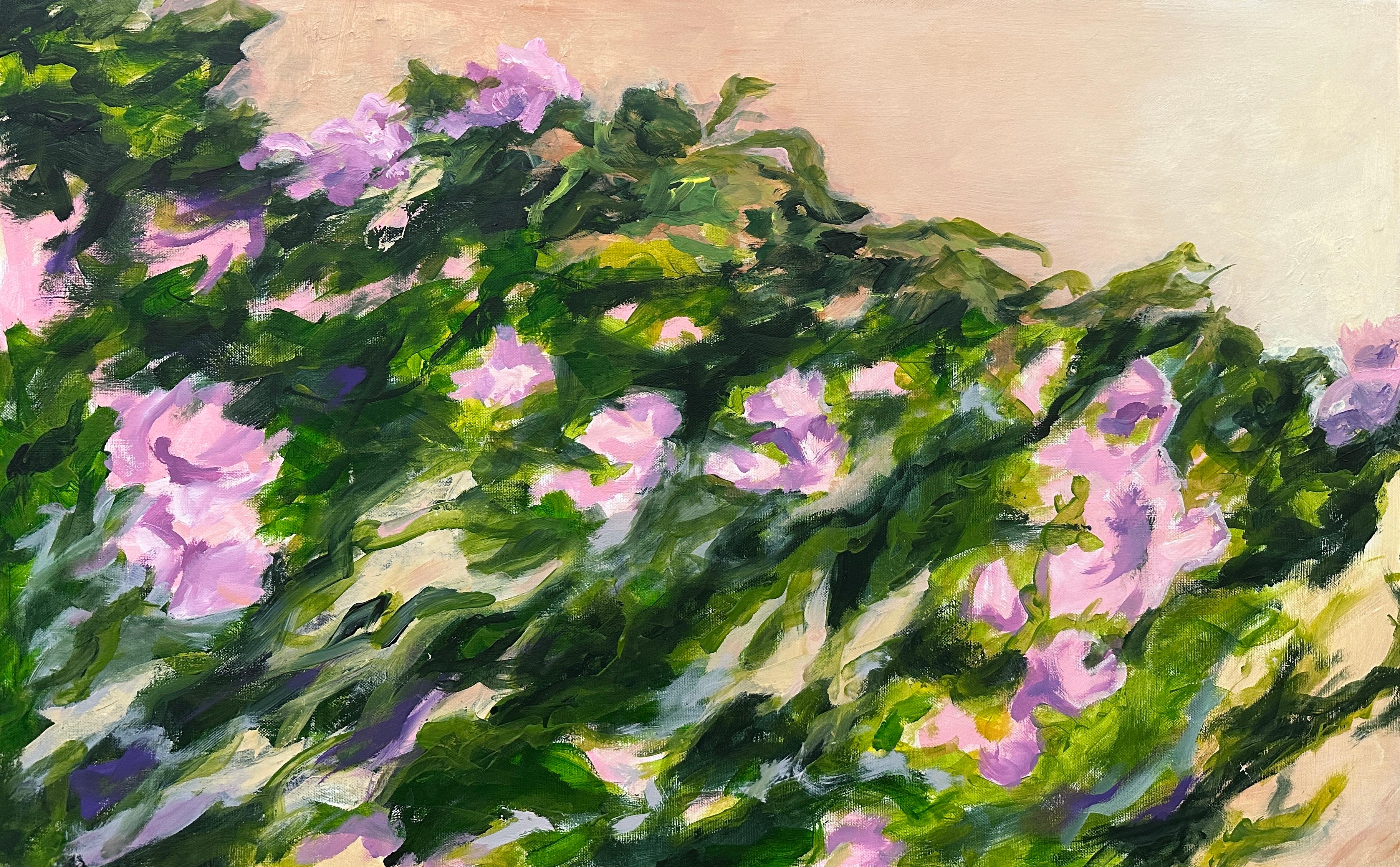 Este díptico presenta una interpretación abstracta de flores, que parecen danzar con una suave brisa. Las pinceladas suaves y los bordes difuminados aportan una sensación de movimiento y ligereza. Delicados tonos de rosa y verde se mezclan