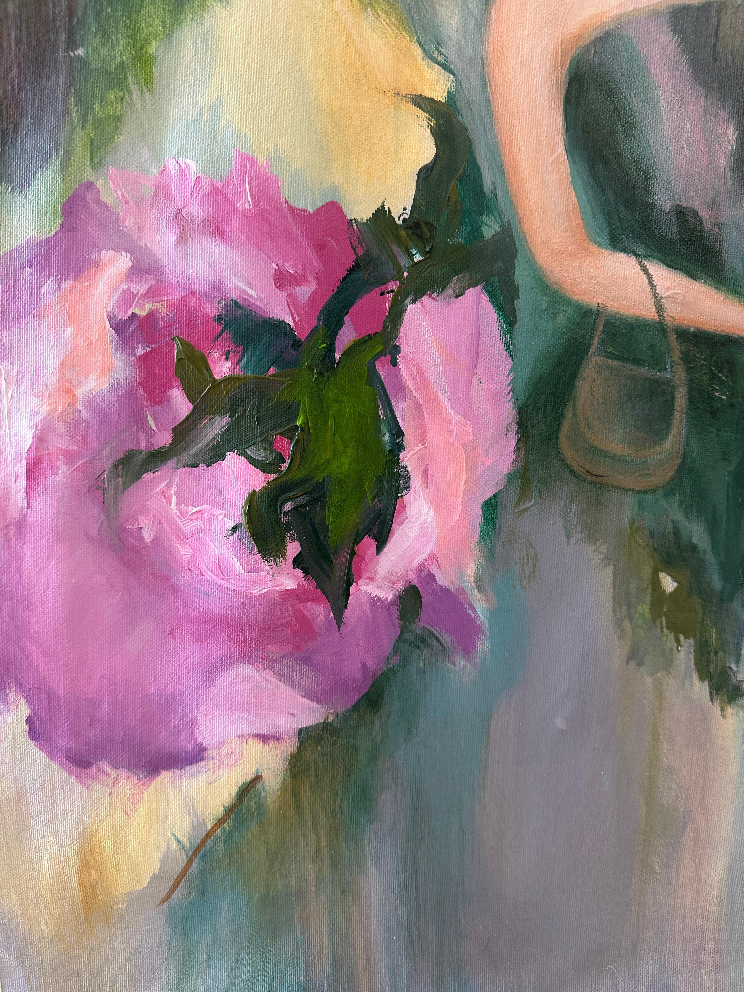 Quest'opera d'arte presenta una sorprendente fusione di elementi astratti e figurativi. Dominata da fiori lussureggianti e vorticosi in vivaci tonalità di rosa e viola, la composizione cattura un senso etereo di movimento e vita. I fiori emergono in