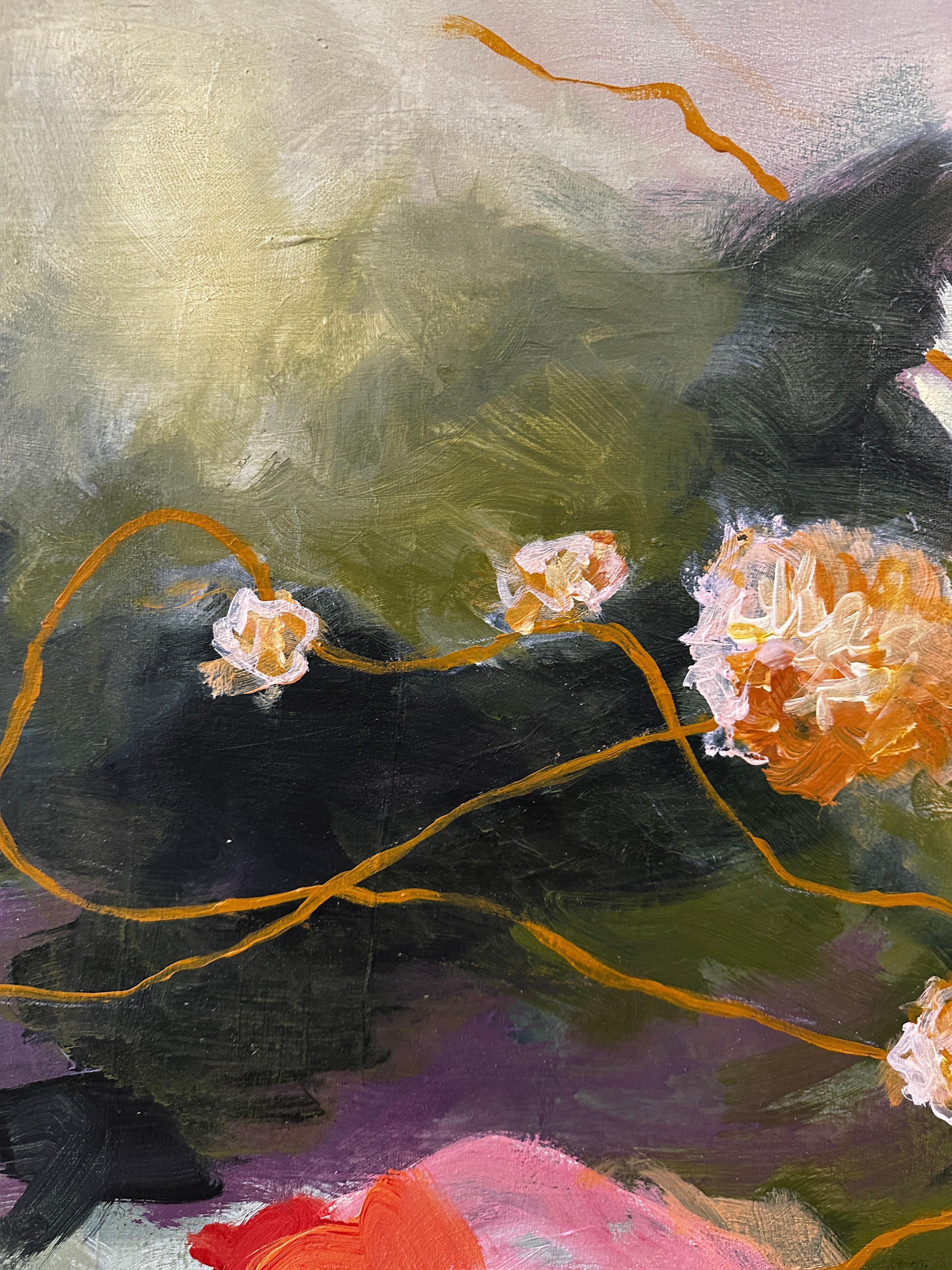 Golden Thread is a work where floral forms float through space, creating a feeling of movement and lightness. A fine golden line unites the fragments of the composition, evoking the invisible bonds that hold the world in harmony. Warm shades of pink