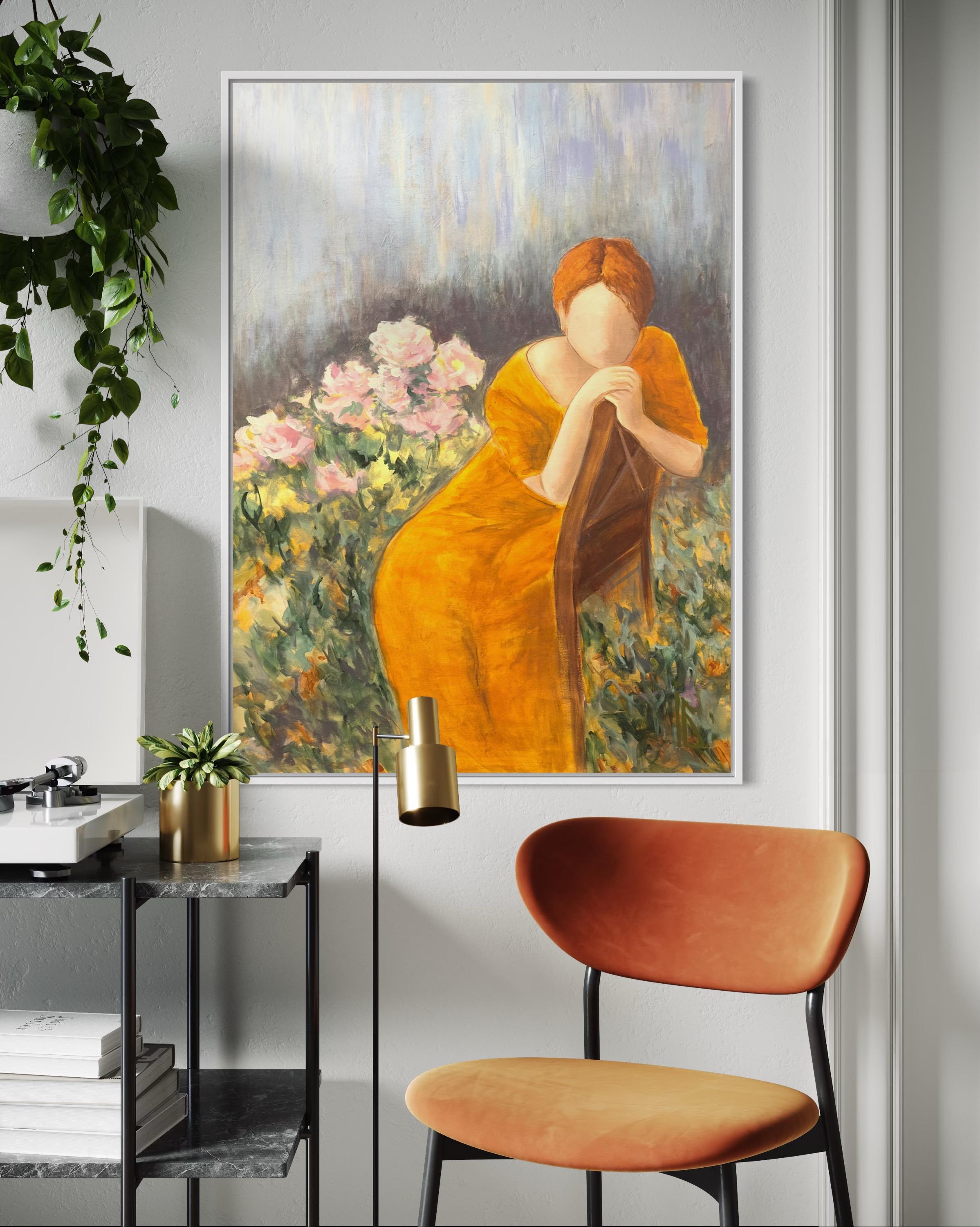 Her Own Support porträtiert eine Frau, die in Ruhe in sich geht und sich sanft an einen Stuhl lehnt, als ob sie in sich selbst Kraft findet. Die gesichtslose Figur wird universell - jeder kann sich in ihr wiedererkennen. Umgeben von Blumen und in