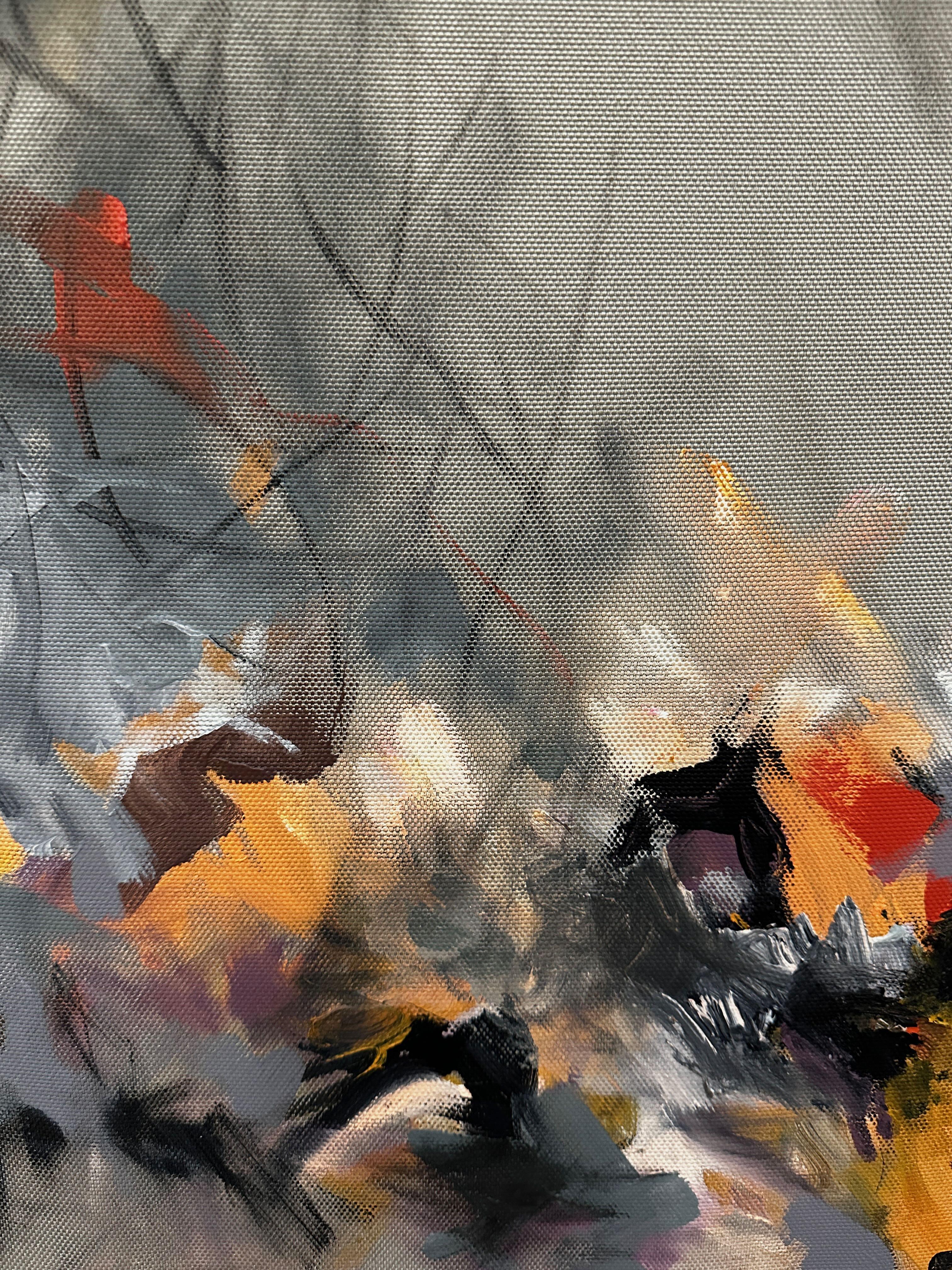 Twilight Bloom is a large, warm, and expressive diptych that masterfully combines light pink tones, soft peach, and rich deep grey. The artwork successfully conveys the sensation of lush blossoms opening in the last light of the day—that gentle