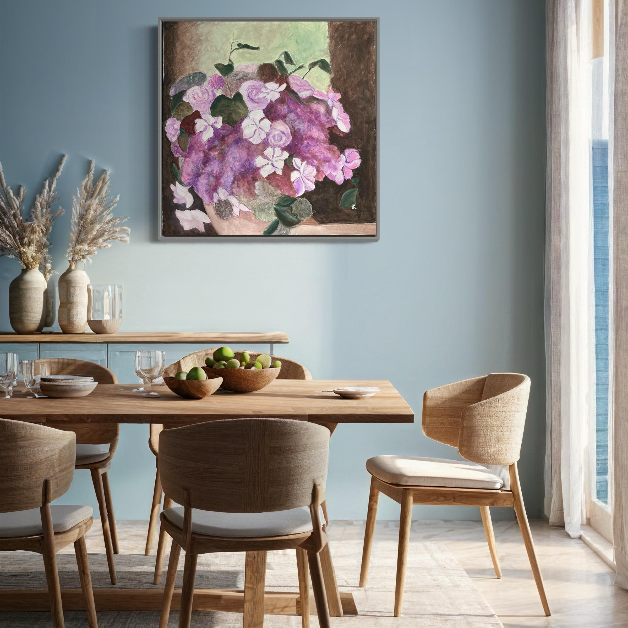 
This painting offers a tapestry of floral splendor, a gentle cascade of blooms that reveals a delicate interplay of color and texture. The subtle tonal shifts from deep purples to tender pinks and the creaminess of whites create a lush, romantic