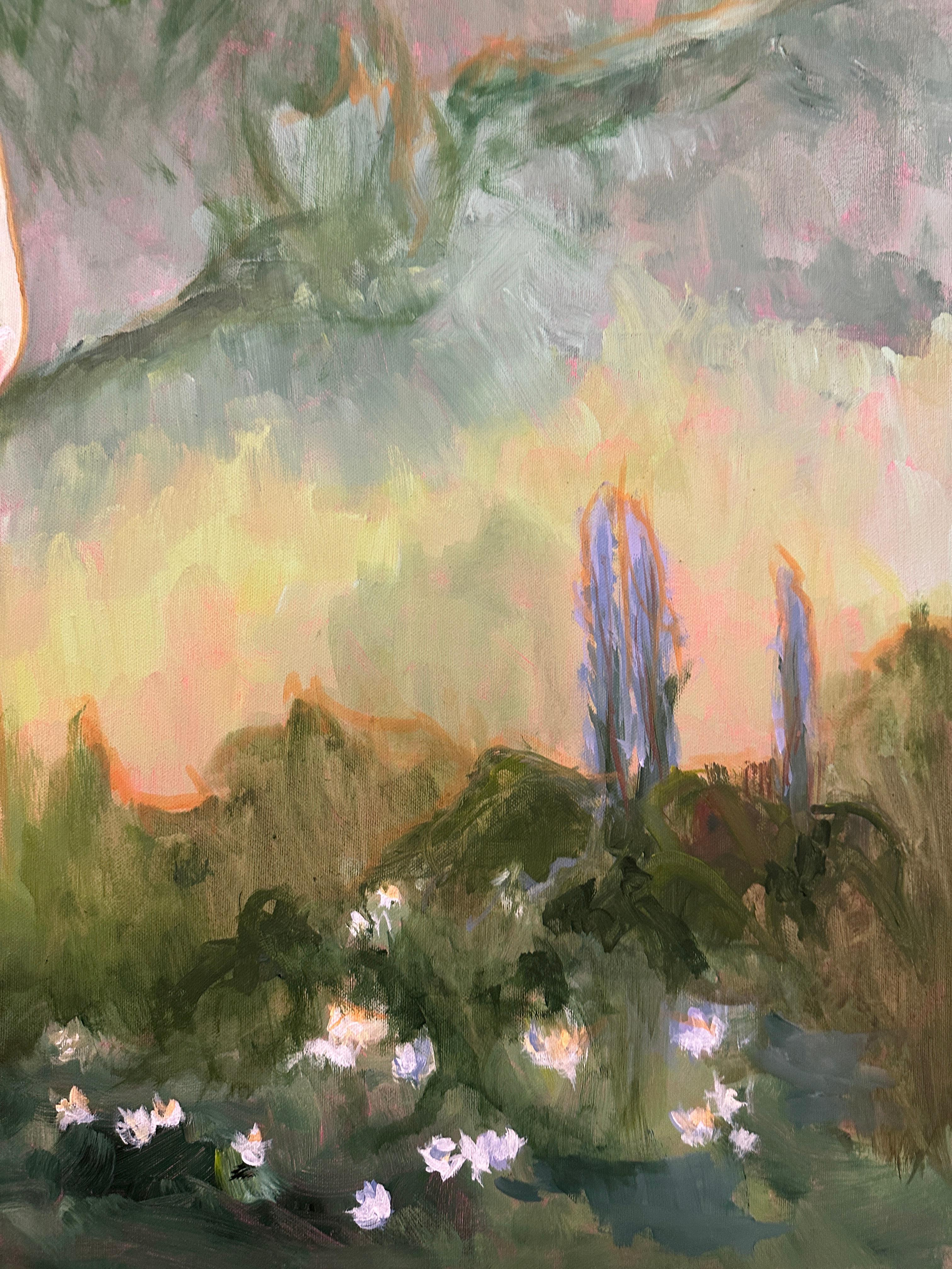 Il s'agit d'une peinture acrylique touchante qui capture un moment de proximité émotionnelle entre deux filles dans un paysage délicat. L'œuvre est créée dans un style d'abstraction figurative contemporaine, inspirée par les thèmes de l'enfance, des