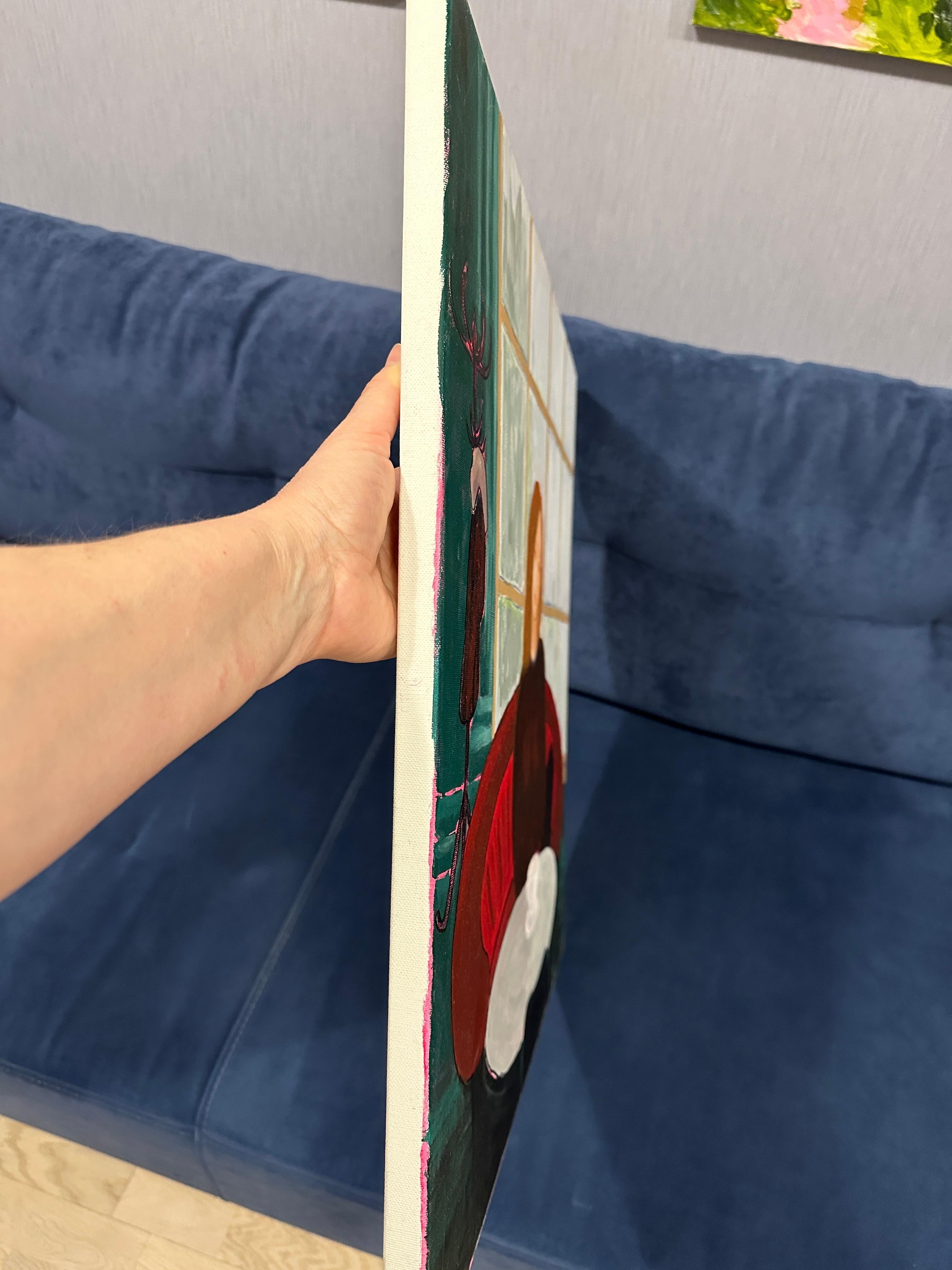 Questo dipinto cattura un momento di tranquilla contemplazione. Una donna siede in un accogliente caffè, persa nei suoi pensieri, con una tazza di caffè davanti a sé. Il divano rosso la avvolge di calore, mentre la grande finestra alle sue spalle si